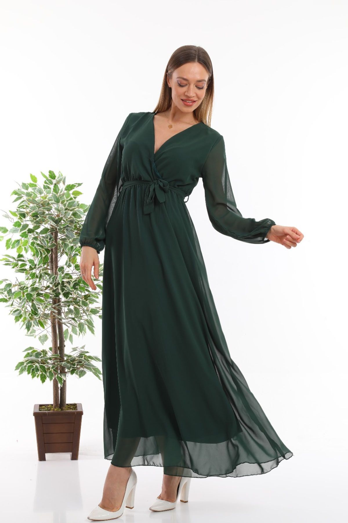 thezkscom-Green Double-breasted Collar Belted Plus Size Chiffon Dress 2