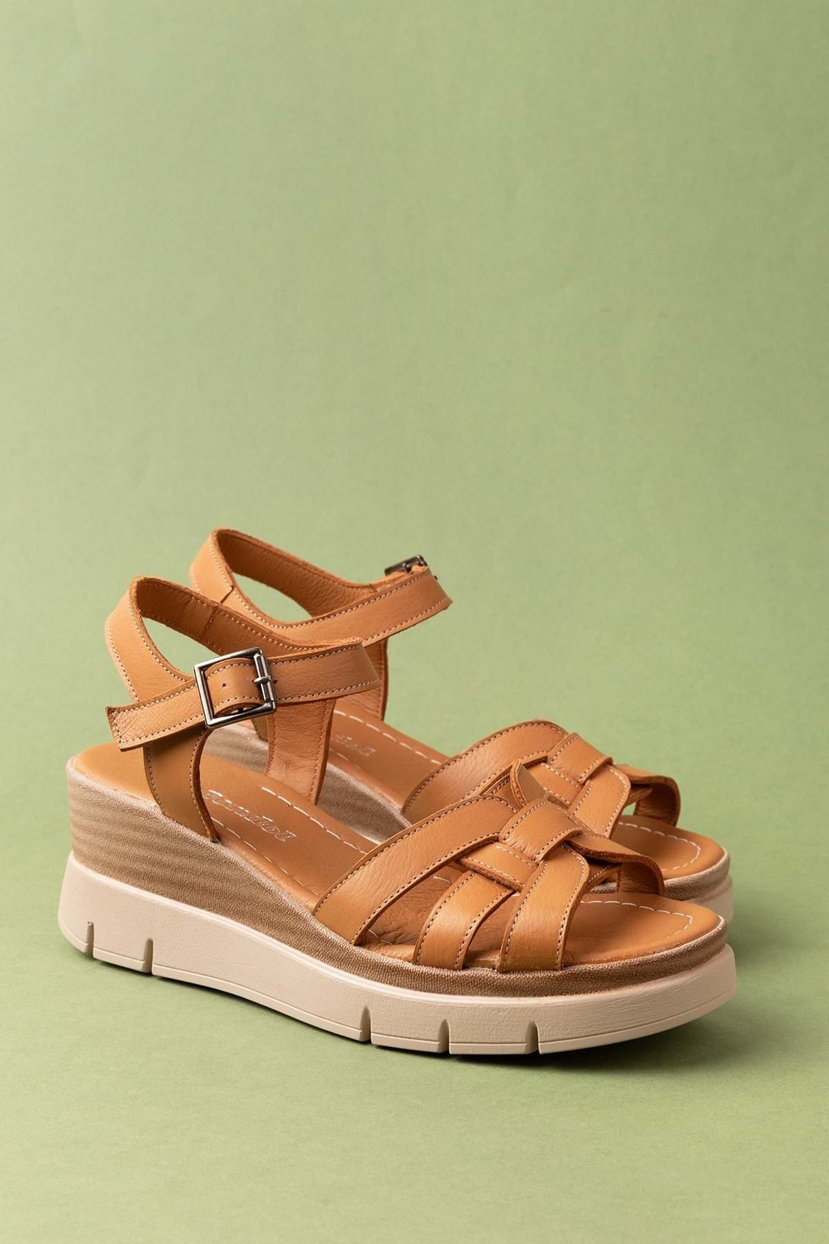 Gondol-Genuine Leather Wedge Heeled Daily Sandals Mlk.5501 Tan 3