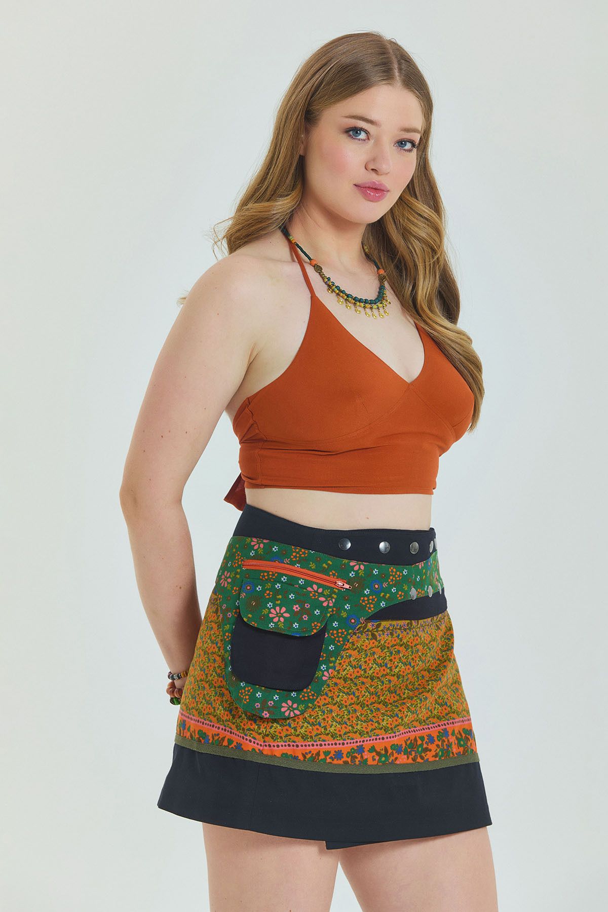 Los banditos-Patchwork Wrap Plus Size Skirt with Snap Closure Pockets 1