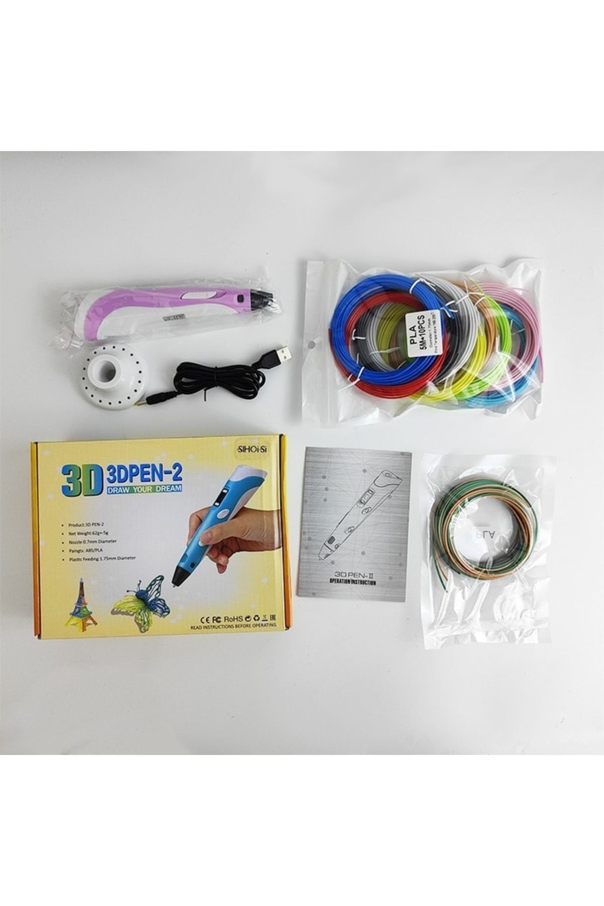 dalimag-Set 3D Printing Pen, LCD Display, High Temperature, 10 Filaments (10 Colors), Graffiti - Pink + Fila 3