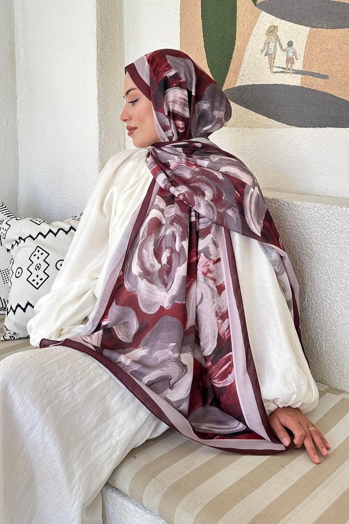 Lamelif  Çiçek Desen Pamuk Şal Koyu Bordo - Görsel 4