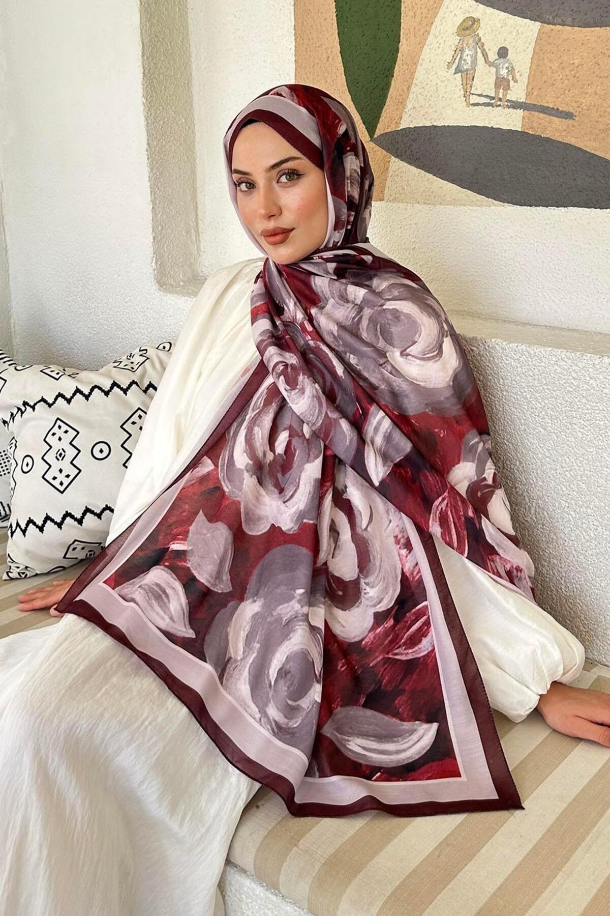 Lamelif  Çiçek Desen Pamuk Şal Koyu Bordo - Görsel 2