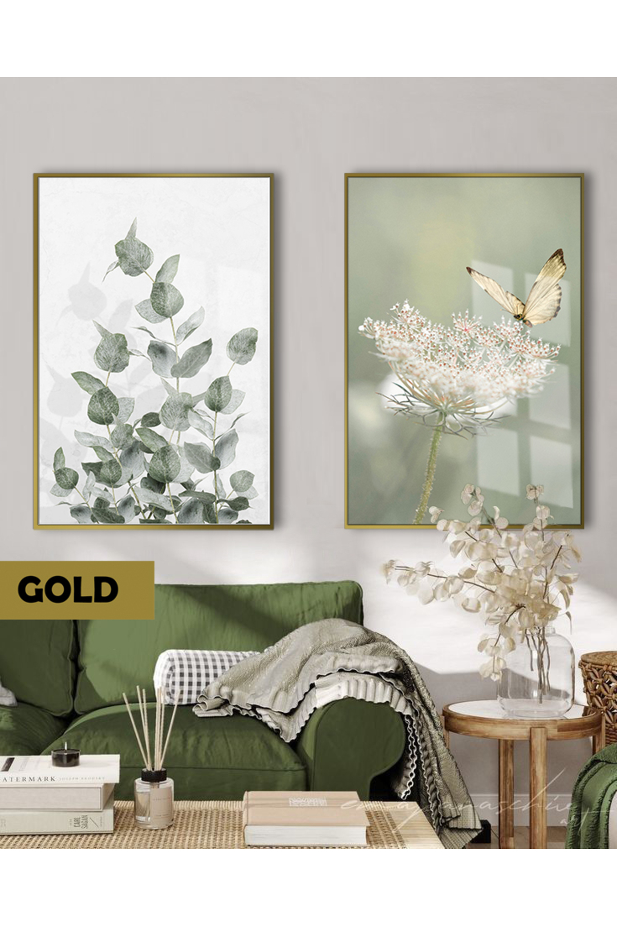 HARIKABIREV|GREEN PLANT BUTTERFLY MODERN COMBINATION |FRAMED GLASS TABLE 2-PIECE VERTICAL