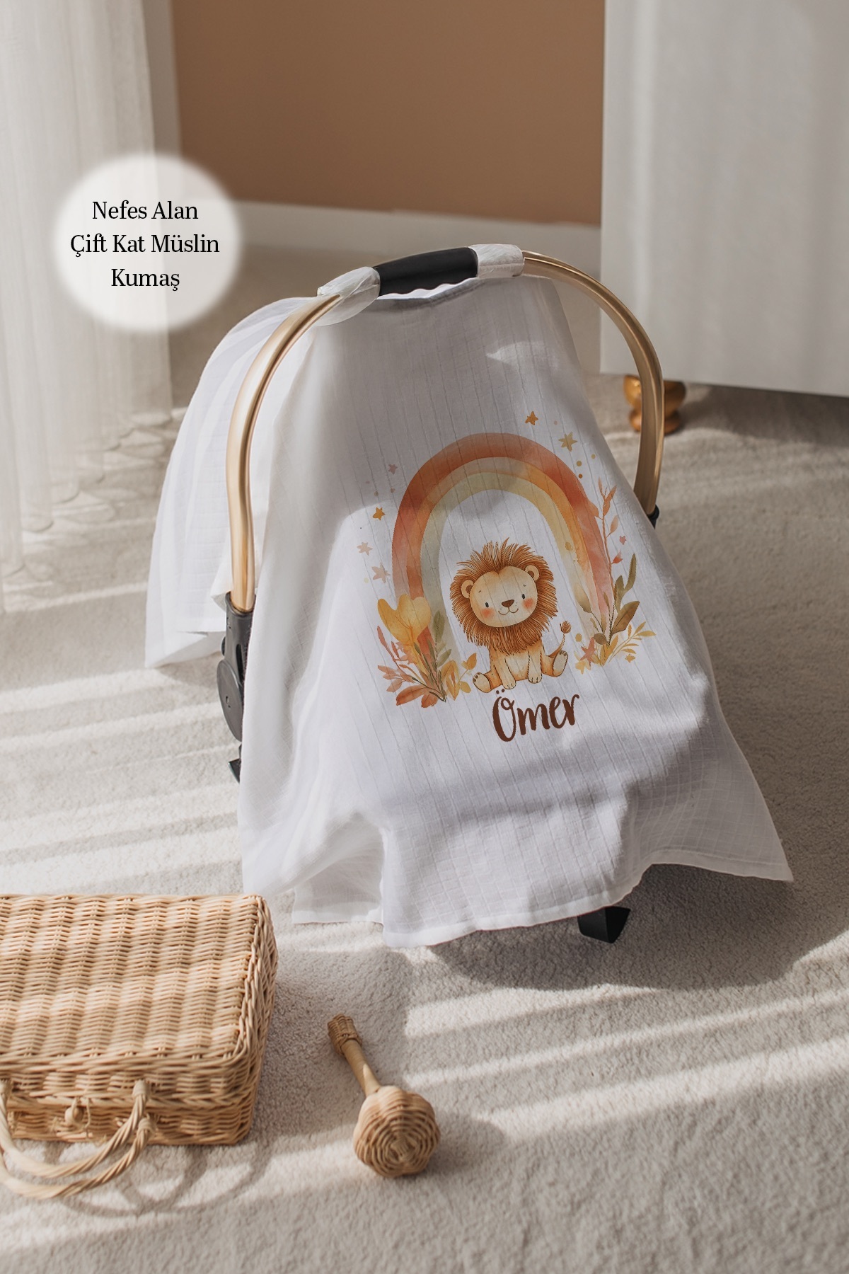 Astral Baby %100 Pamuk Isme Özel Çift Katlı Müslin Puset Örtüsü-aslan Ve Gökkuşağı