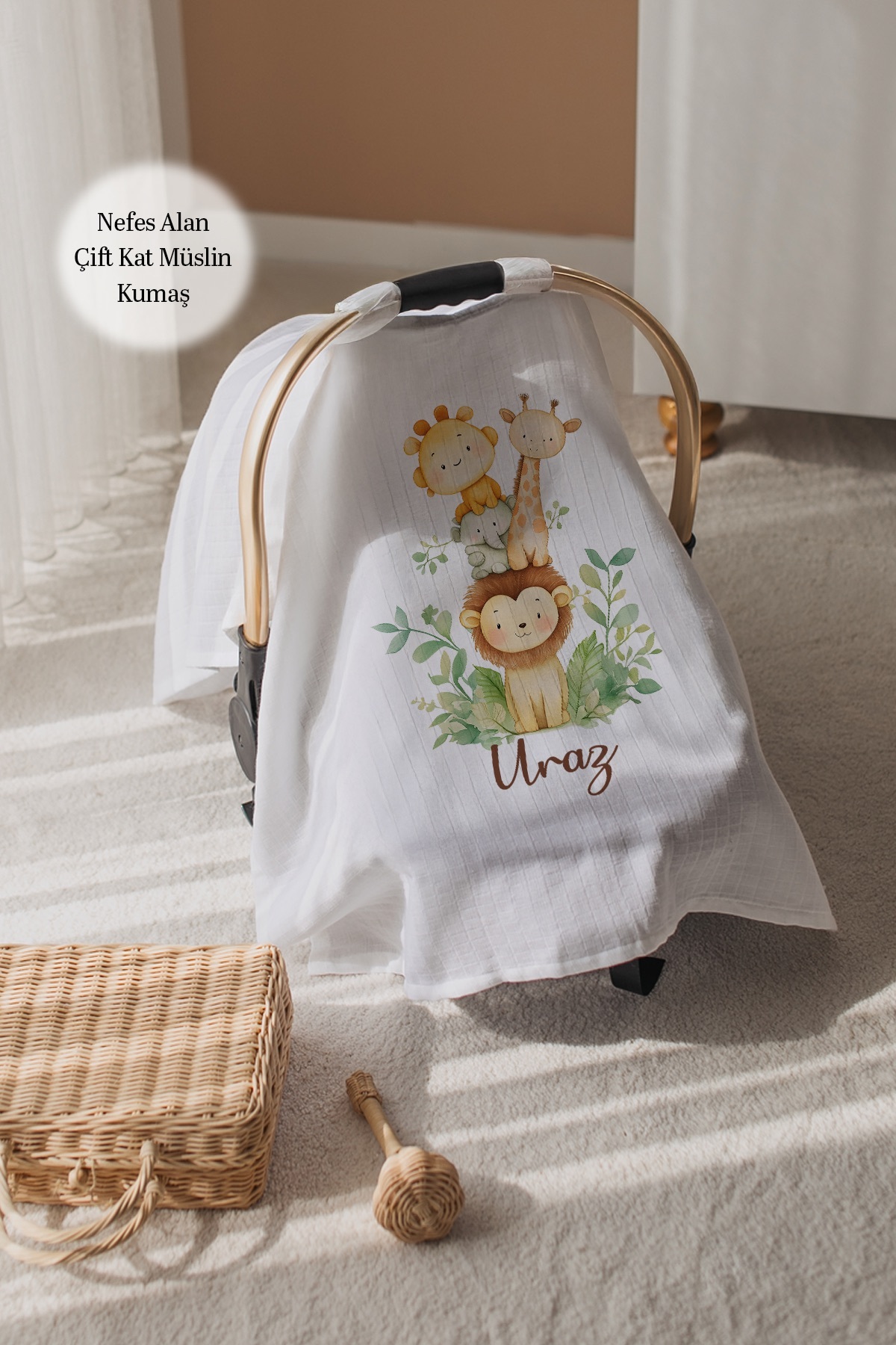 100% Cotton Name Double Layer Muslin Stroller Cover-Giraffe and Friends