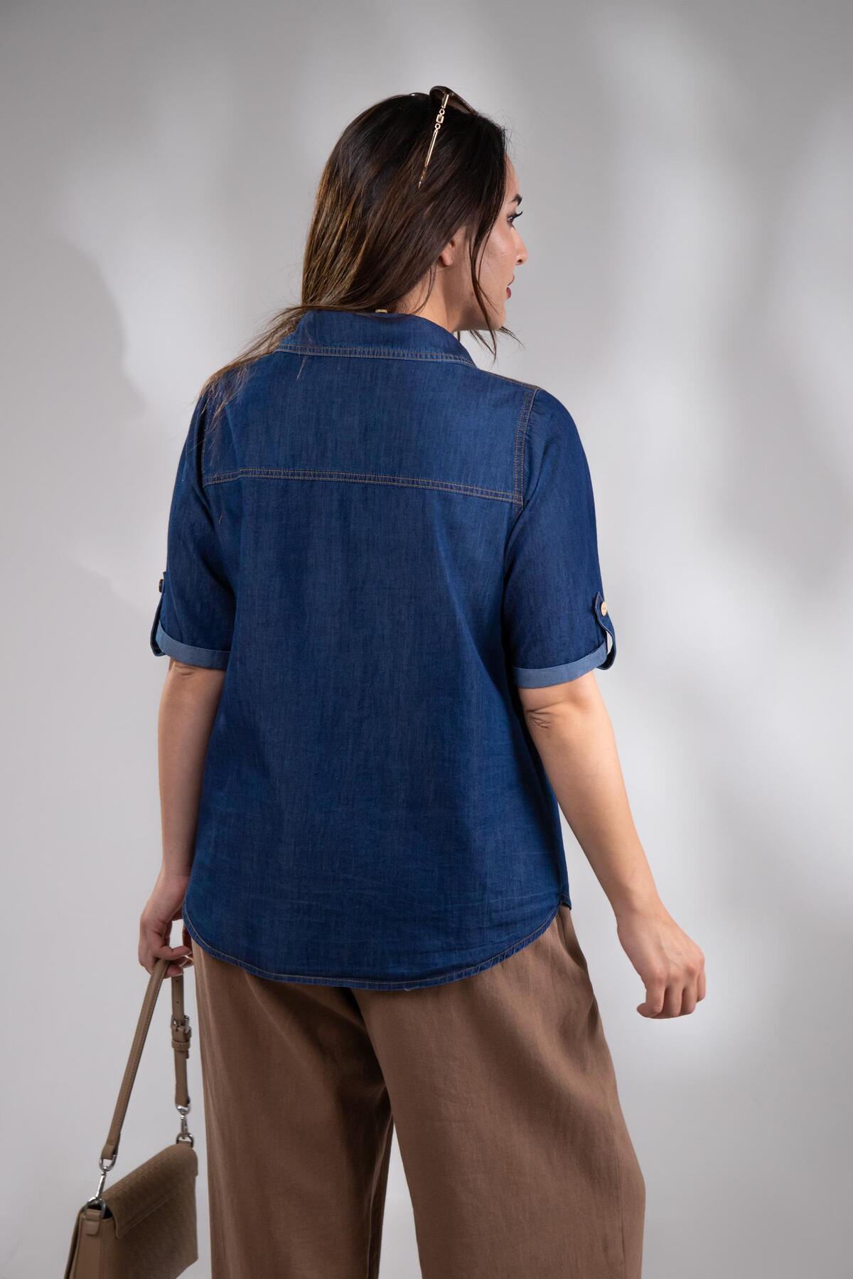 Roxxlen  1112057 Kadın Büyük Beden Kol Apoletli Gömlek Lacivert - Görsel 8