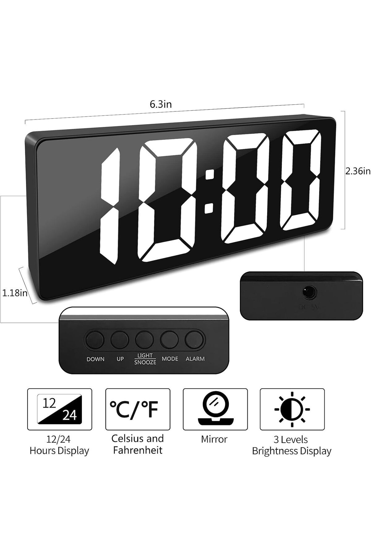 Generic-Alarm Clocks for Bedrooms, USB Charger, Plug in Basic LED Bedside Clock with 7" Large Display, Snooz 3