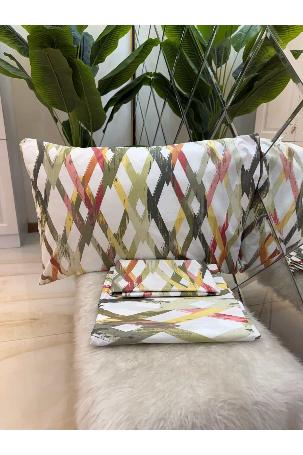 micoton-Patterned Double 100% Cotton Non-Elastic Sheet and Pillowcase Set 5