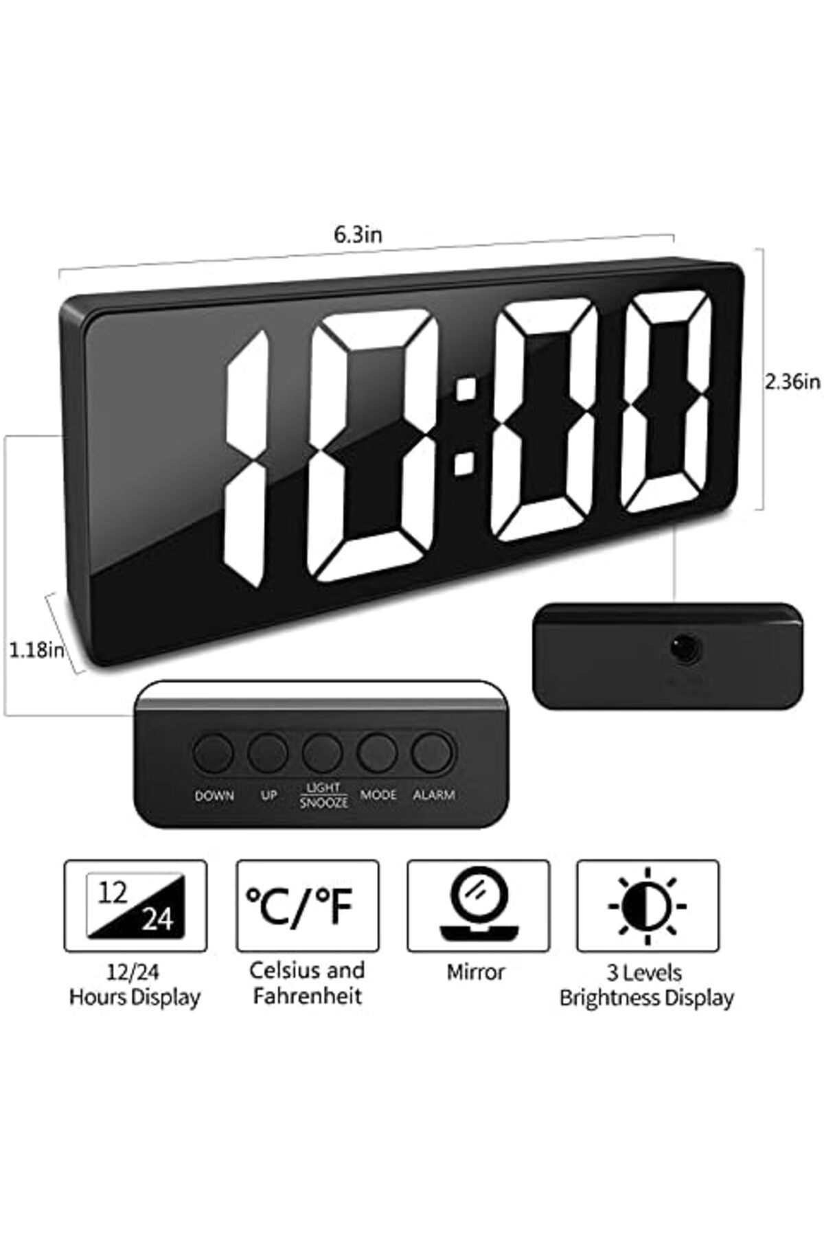 Generic-Alarm Clocks for Bedrooms, USB Charger, Plug in Basic LED Bedside Clock with 7" Large Display, Snooz 4