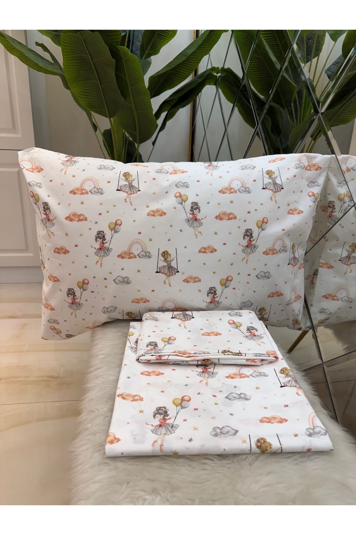 micoton-Patterned Single 100% Cotton Elasticless Sheet and Pillowcase Set 2