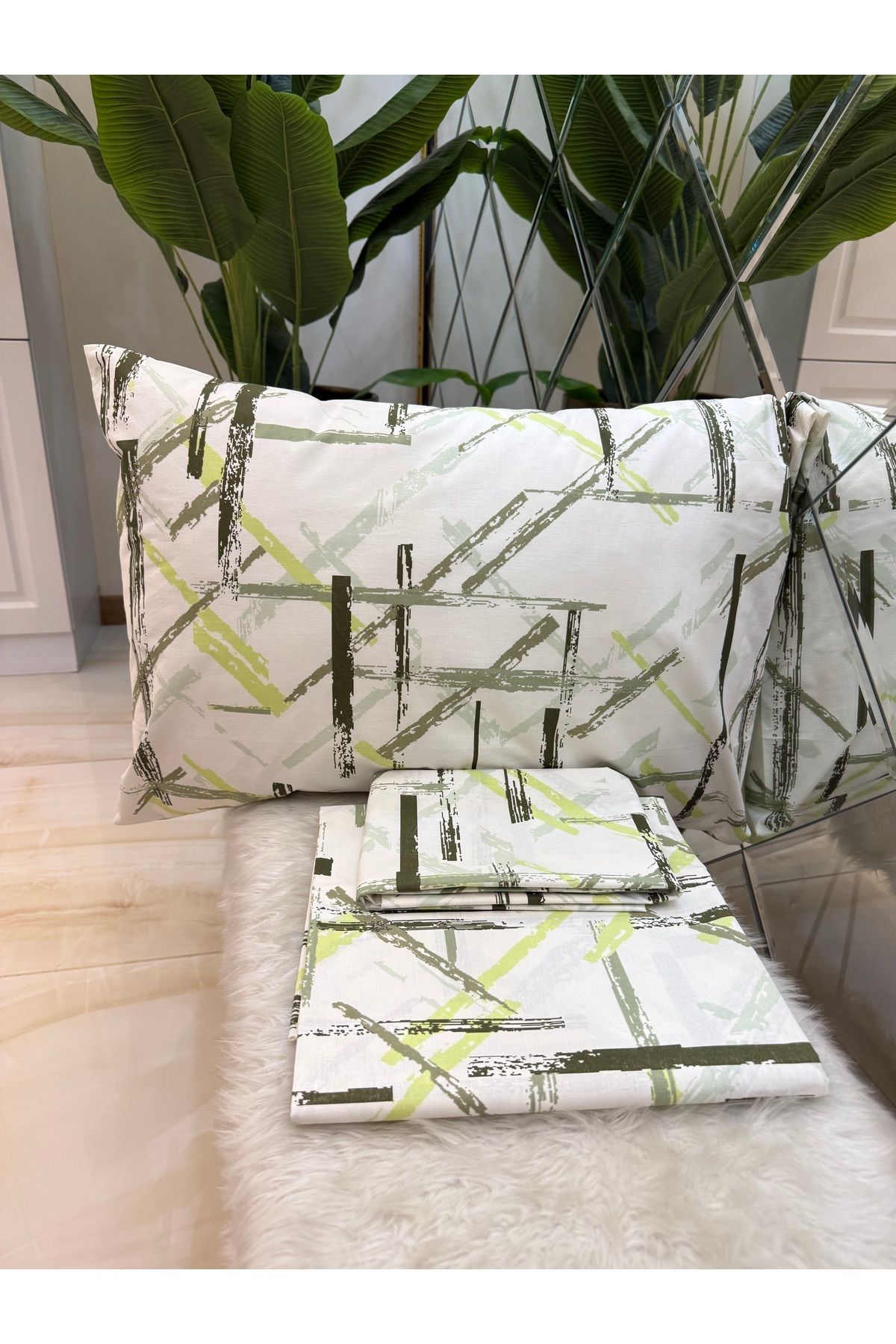 micoton-Patterned Single 100% Cotton Elasticless Sheet and Pillowcase Set 5