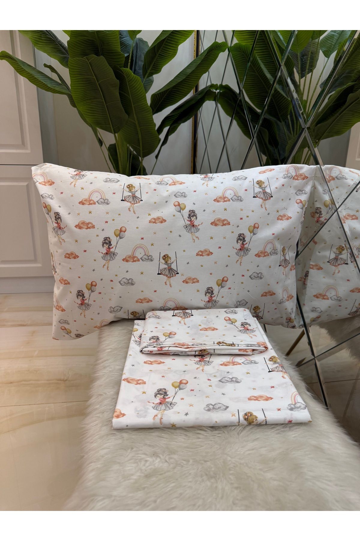 micoton-Patterned Single 100% Cotton Elasticless Sheet and Pillowcase Set 4