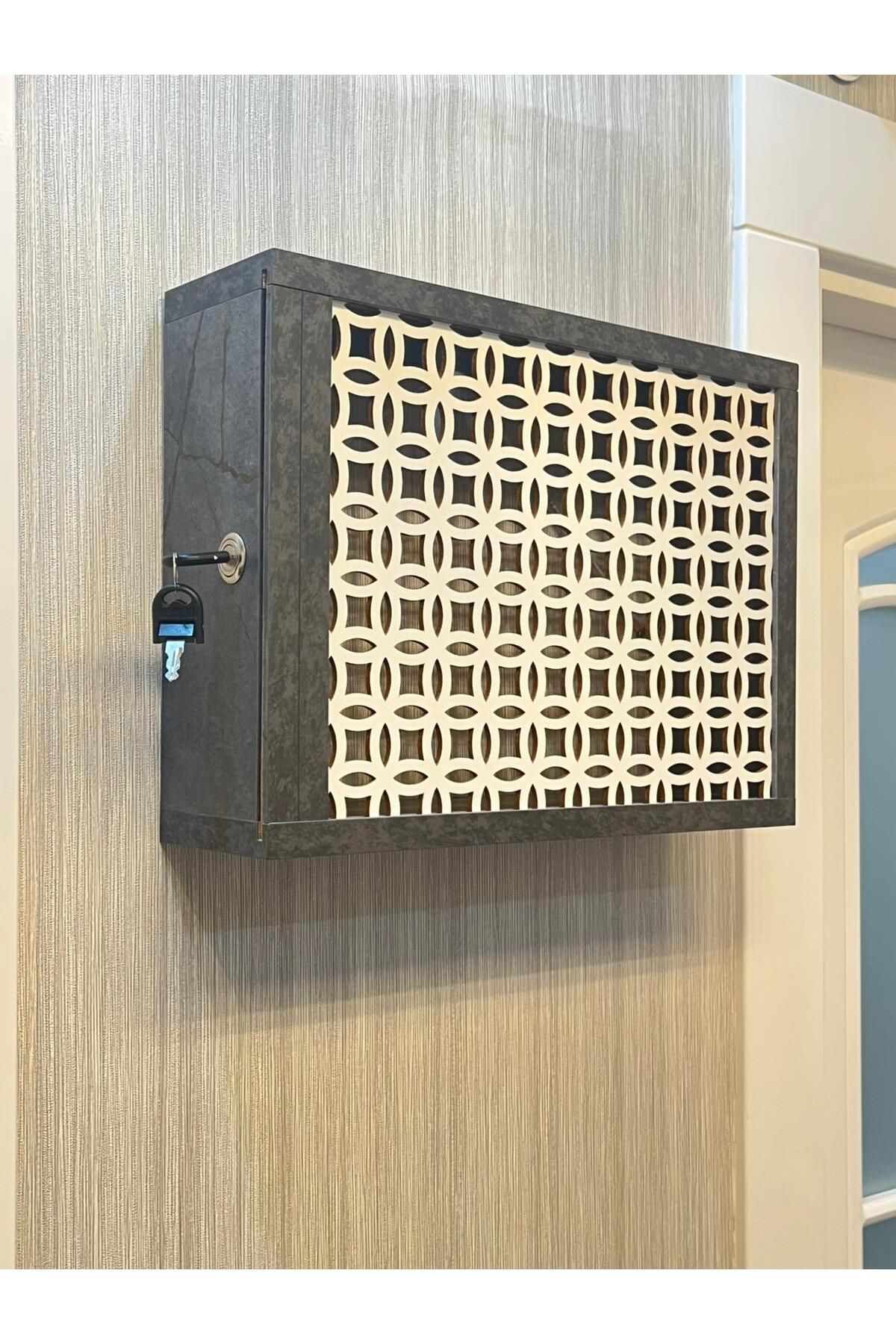 EMİZEY-Decorative Interlocking Marble Pattern Wall Hanging Insurance and Modem-Wifi Storage Box 30X40Cm 2