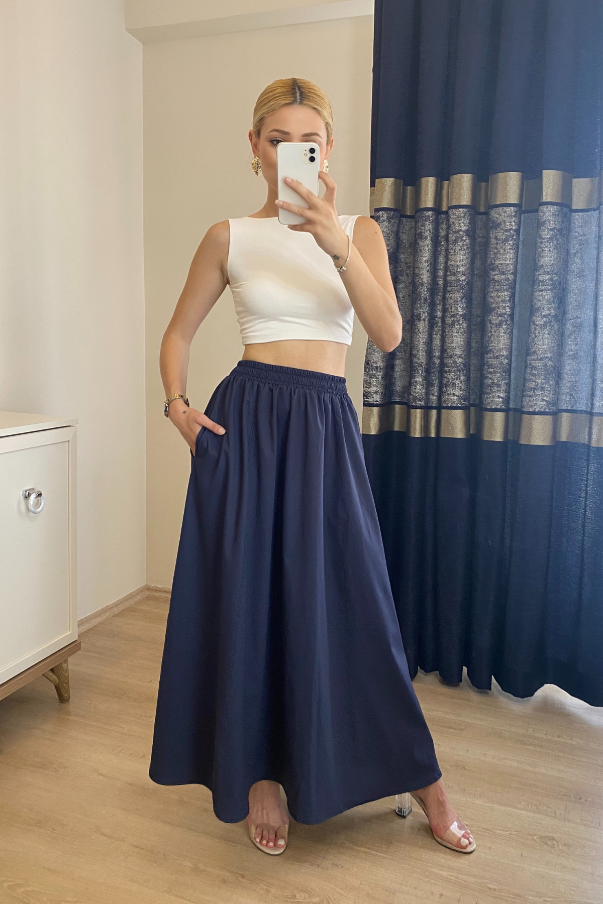 moddosa fashion  CEPLİ BELİ LASTİKLİ UZUN POPLİN ETEK - Görsel 4