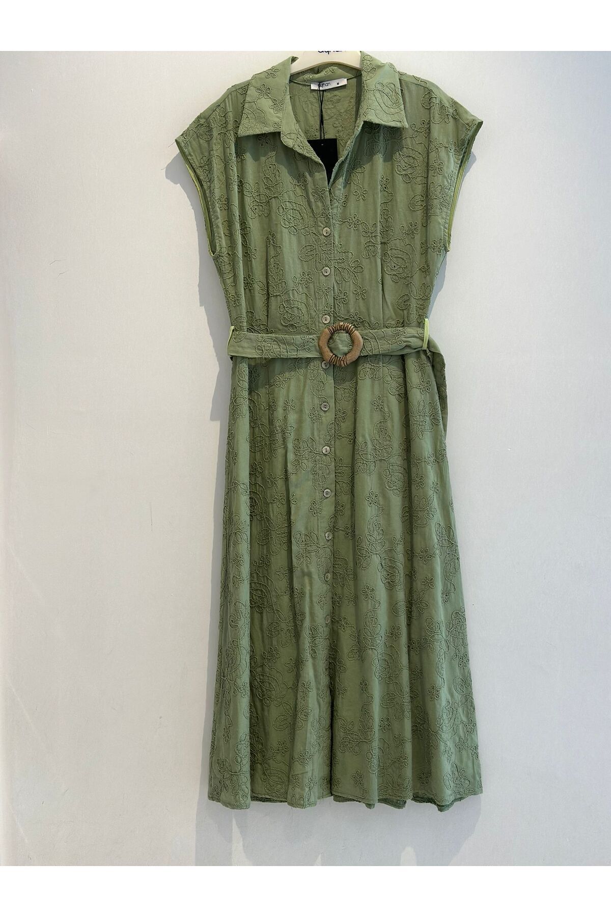 AYHAN-Floor-Length Buttoned Belted Lined Brode Dress 1