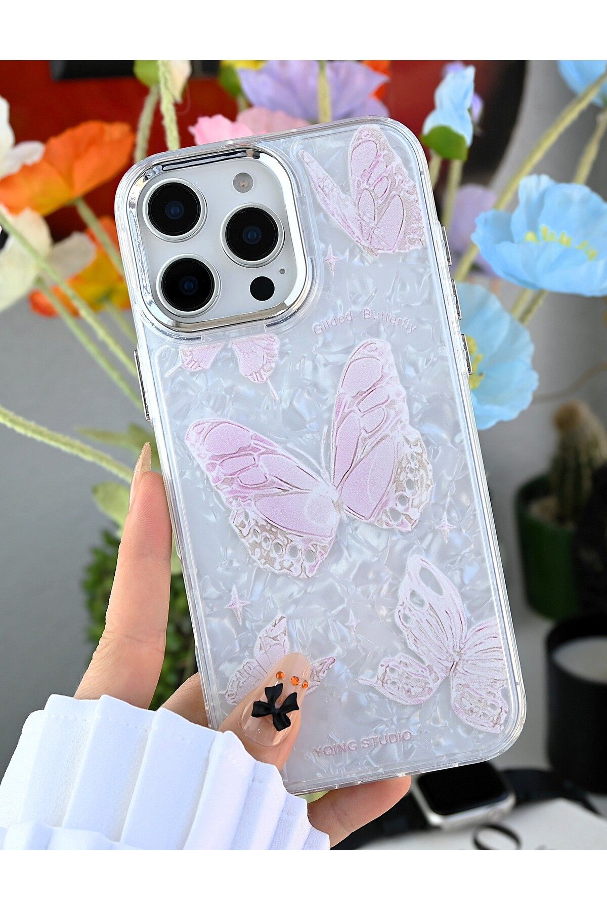 Go Aksesuar-iPhone 16 Promax Compatible 2in1 Silicone Case with Butterfly Print Design 2