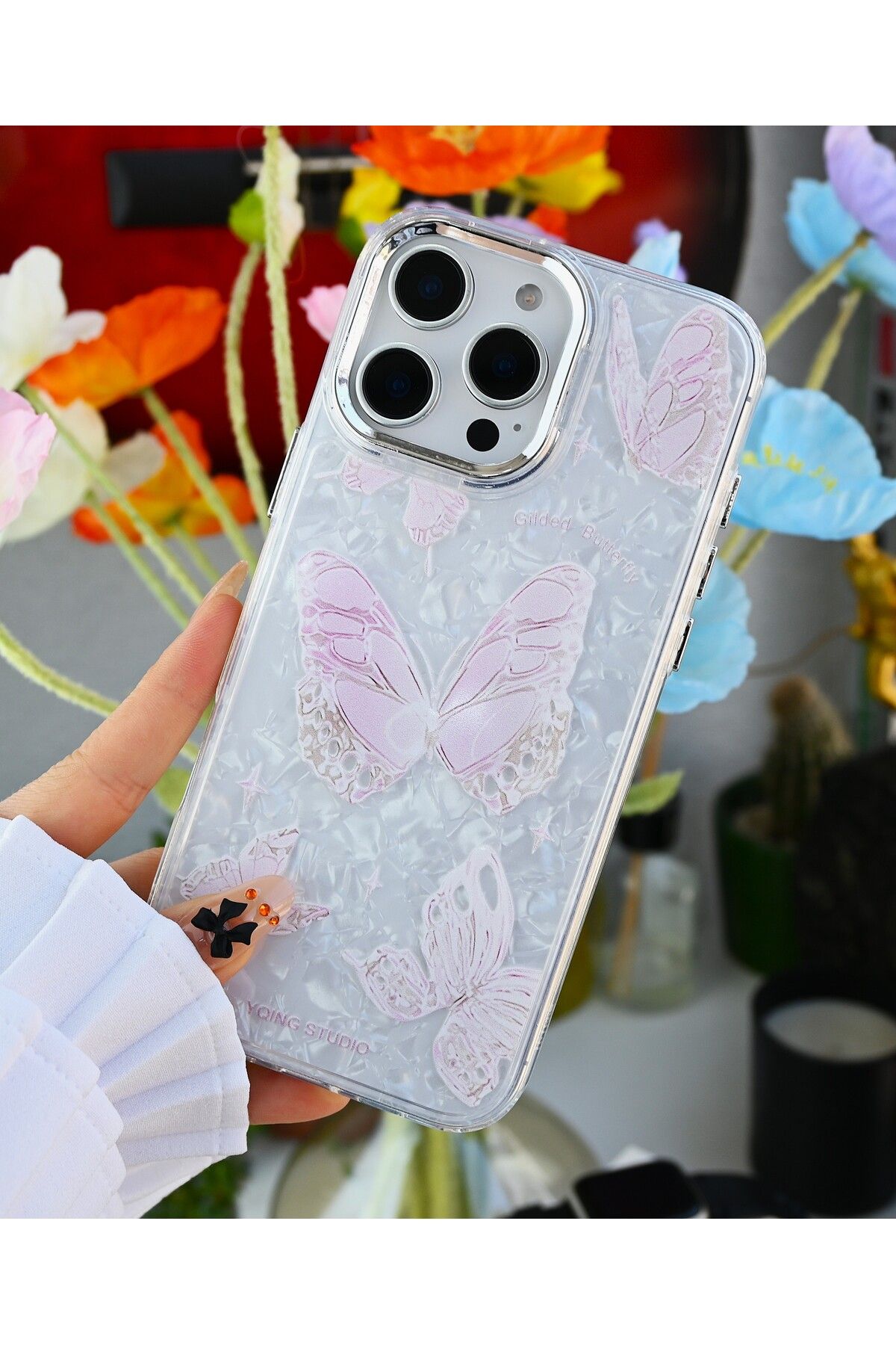 Go Aksesuar-iPhone 16 Promax Compatible 2in1 Silicone Case with Butterfly Print Design 4