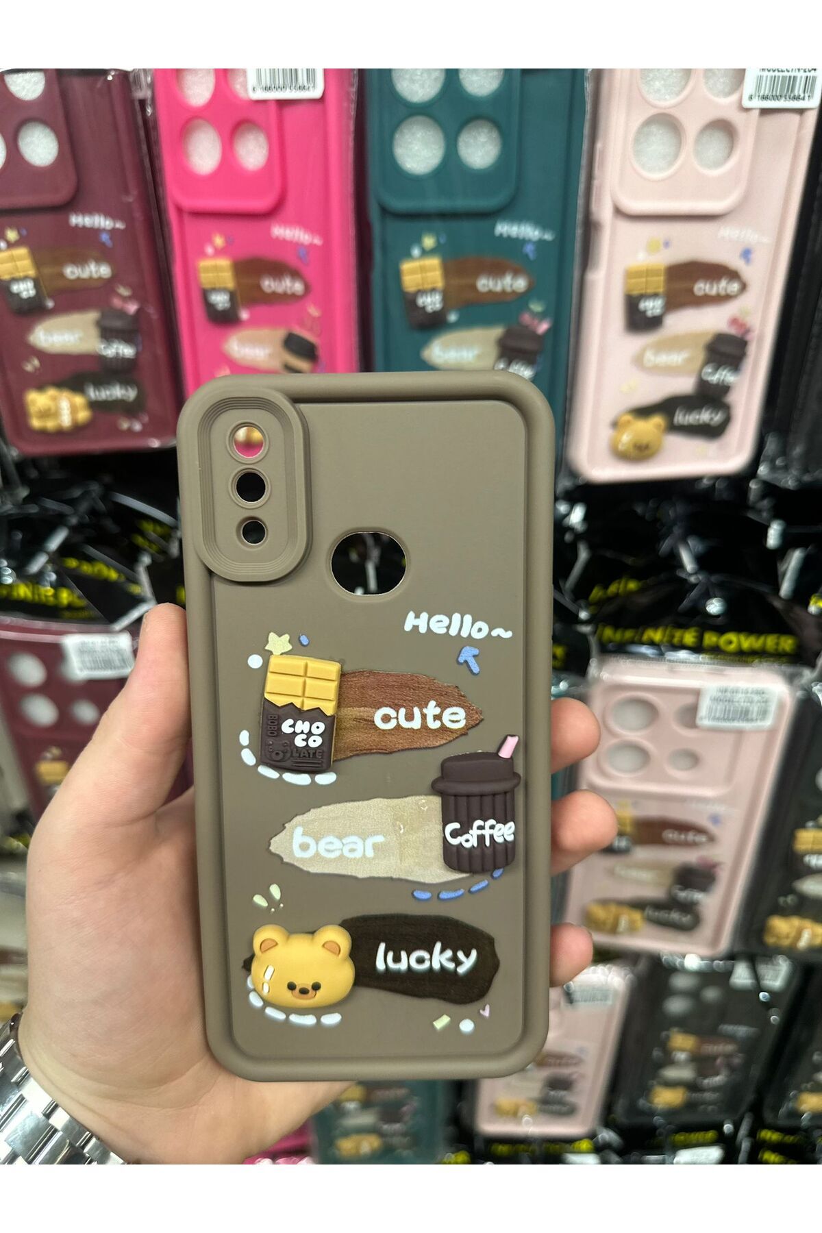 Cute Teddy Bear and Coffee Embossed Camera Protected Soft Silicone Case Compatible with Samsung A10S