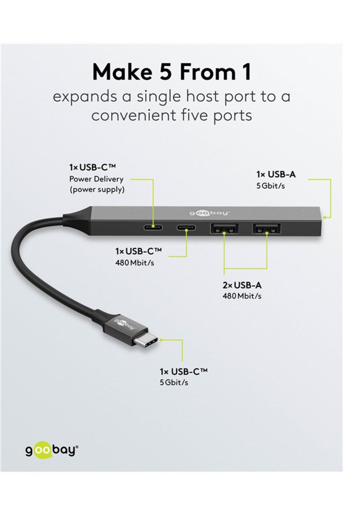 goobay-Slim 5-Port USB Hub, USB-C to USB-C/USB-A, 5 Gbit/s | 74460 3