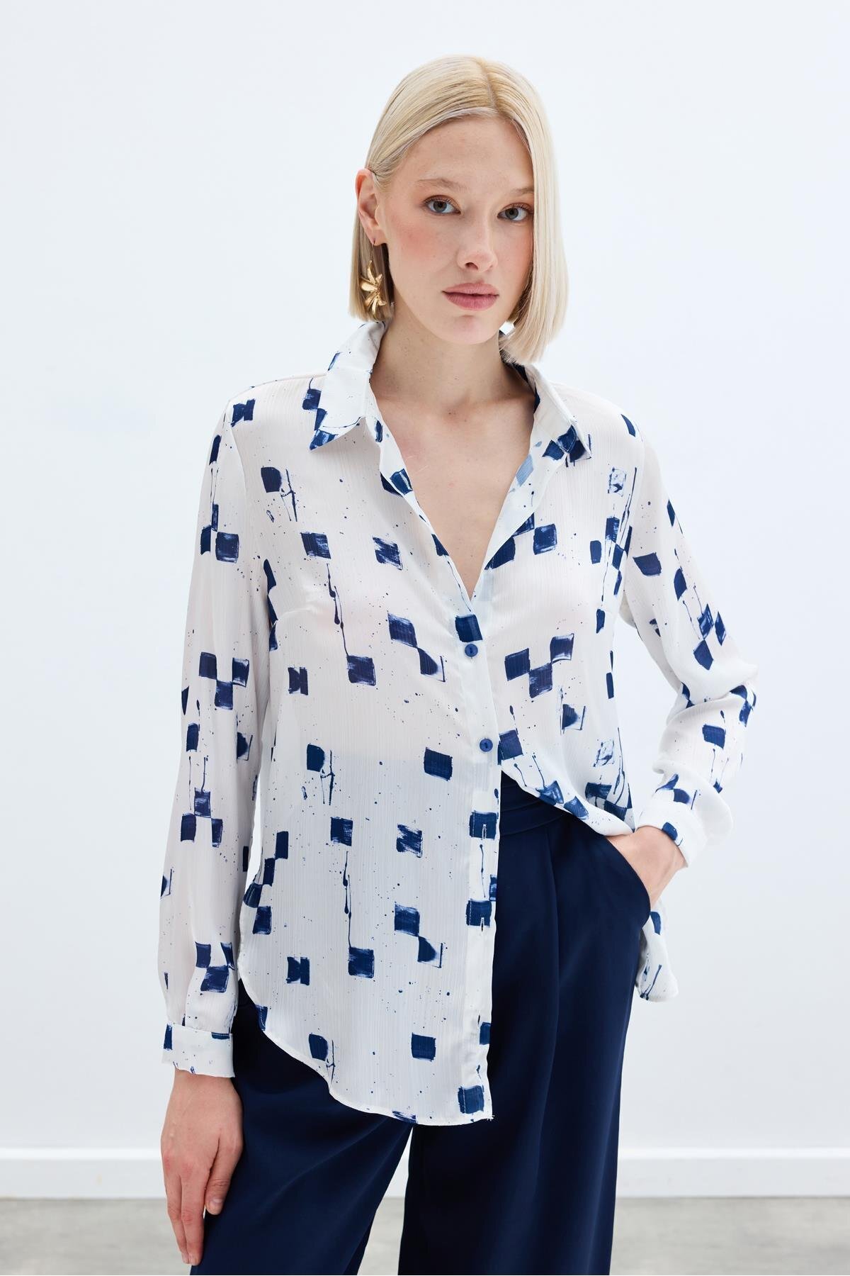 Sateen-Patterned Classic Shirt - Navy Blue 2