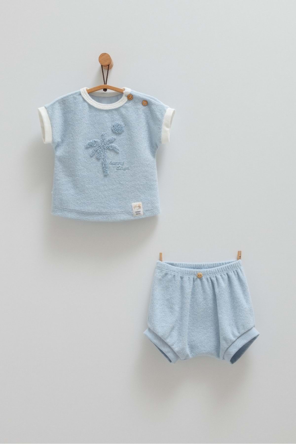Caramell-Sunny Days Palm Pattern Towel Fabric Tshirt Shorts Set Blue 1