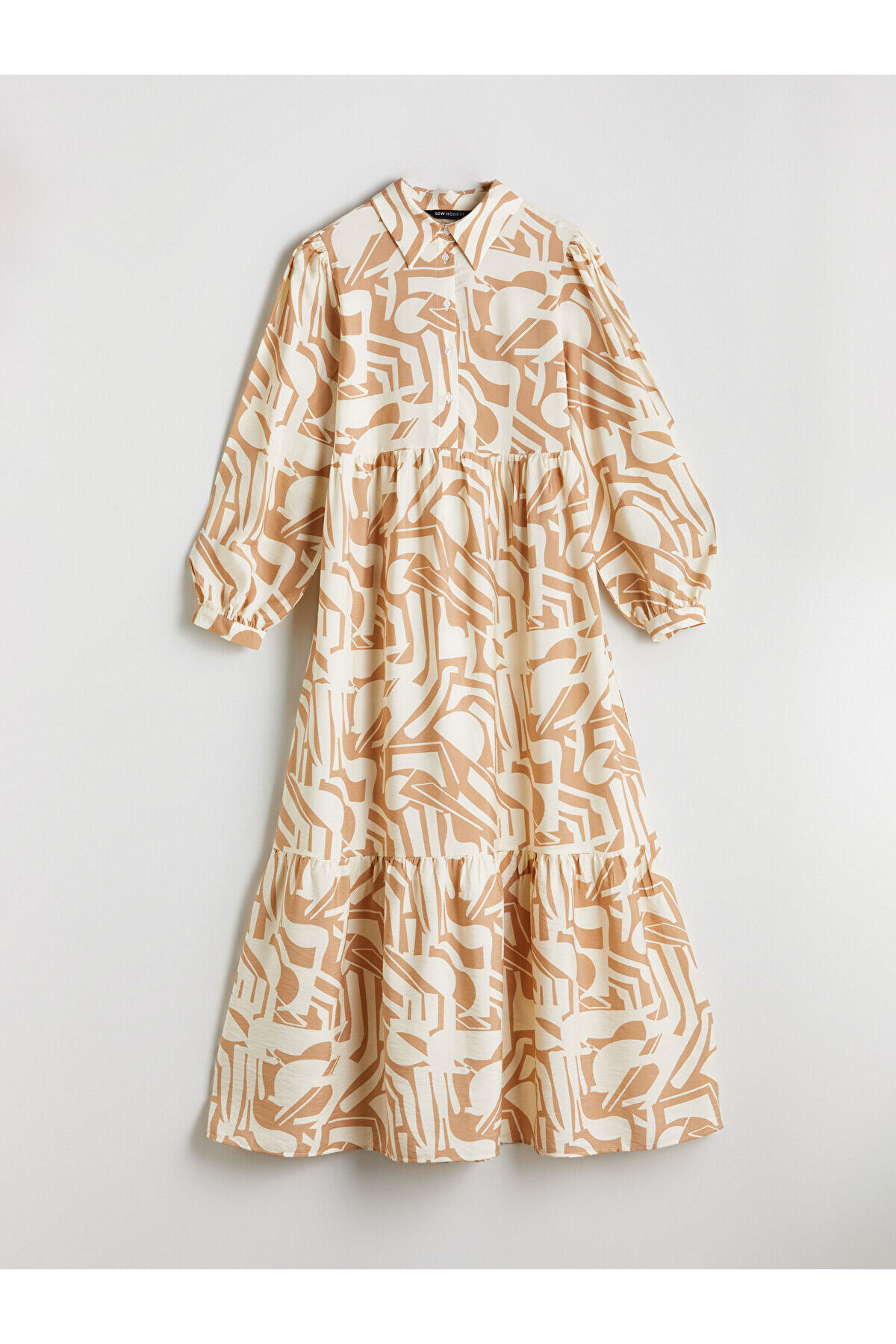 LC Waikiki Lcw modest beige collared patterned balloon sleeve katkat dress