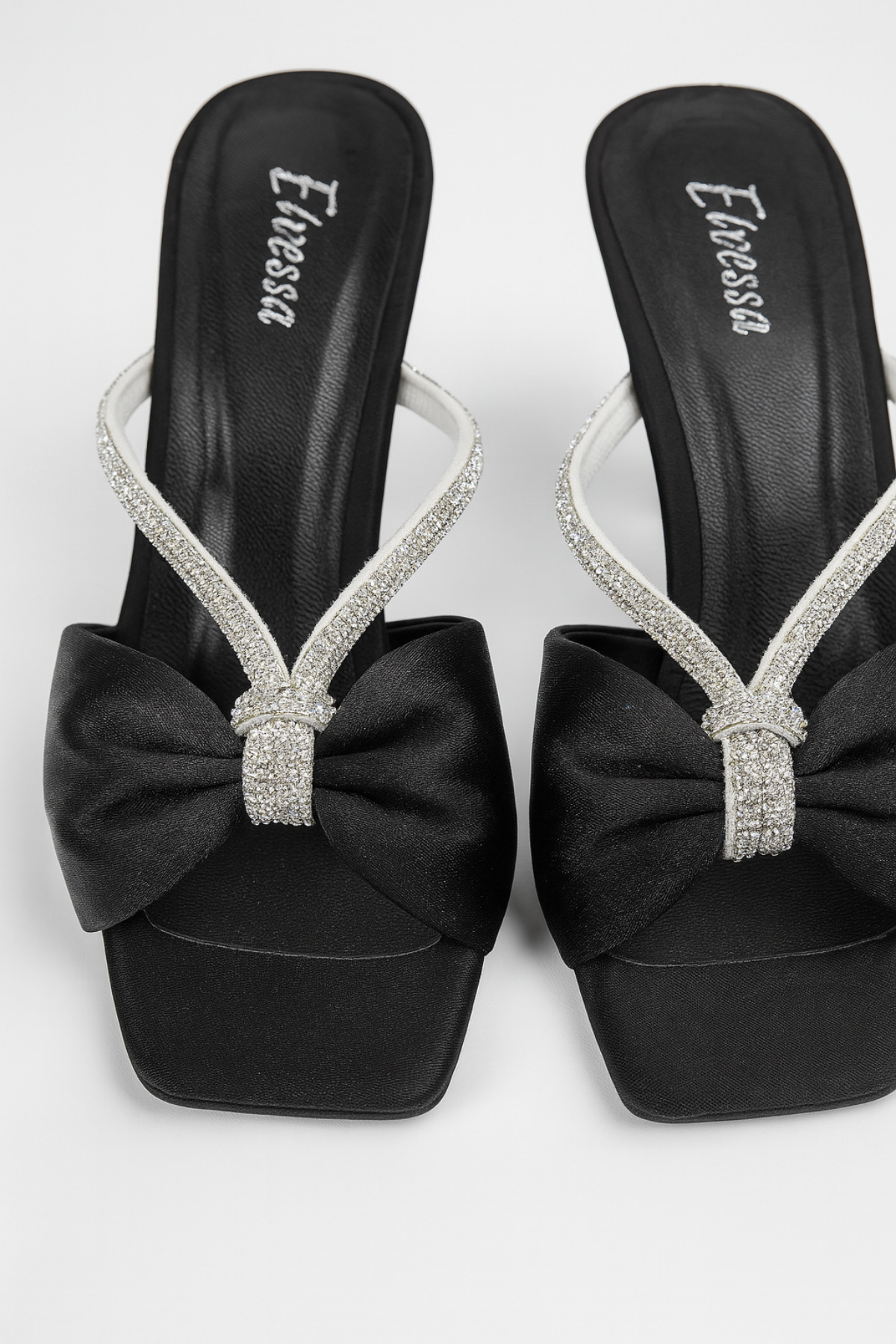 Elvessa  Siyah Saten Parlak Taş Detaylı 5 cm İnce Topuklu Terlik Şık Gece Gündüz Davet Abiye Ayakkabı - Görsel 6