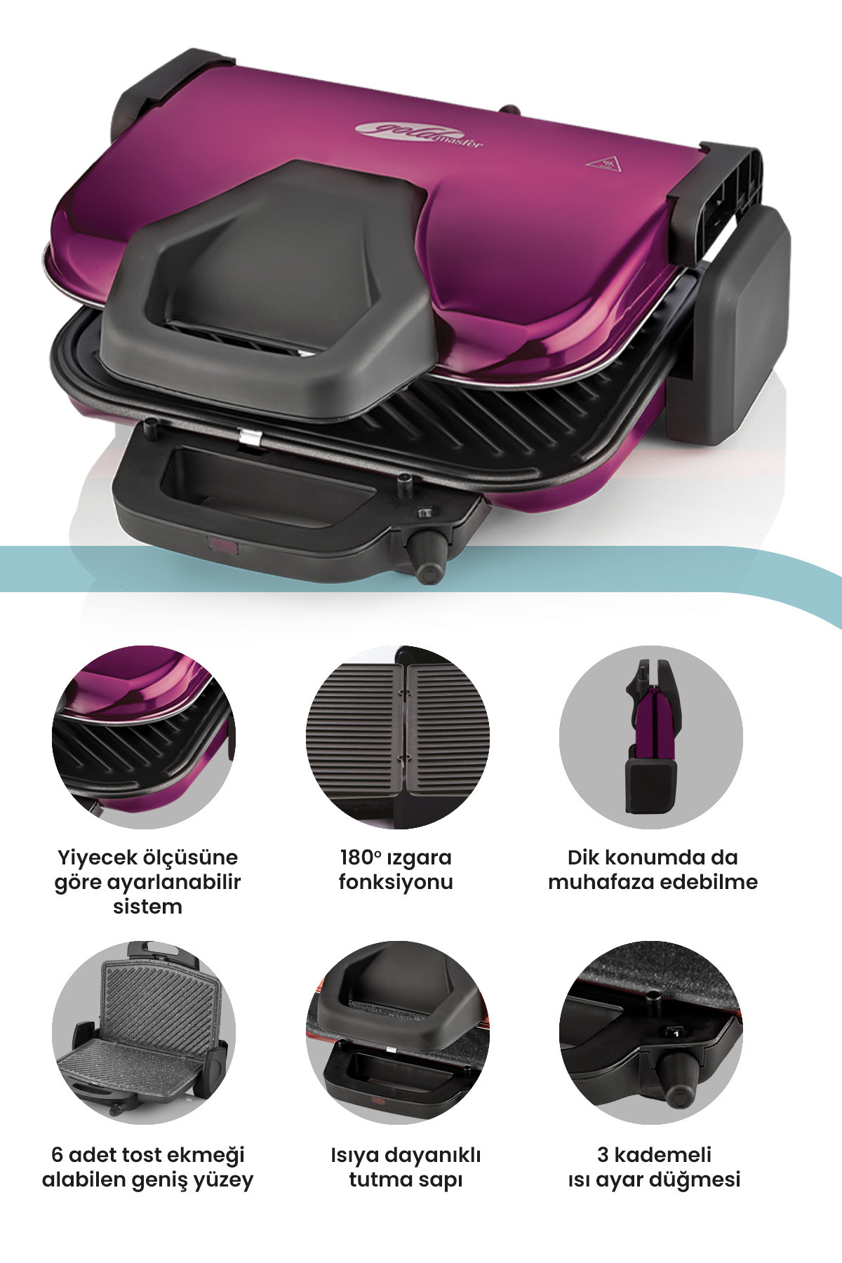 GOLDMASTER Grante 1800 Watt Granit Çıkarılabilir Plakalı 5 Kademe Isı Ayarlı Tost Ve Izgara Makinesi GM7448M