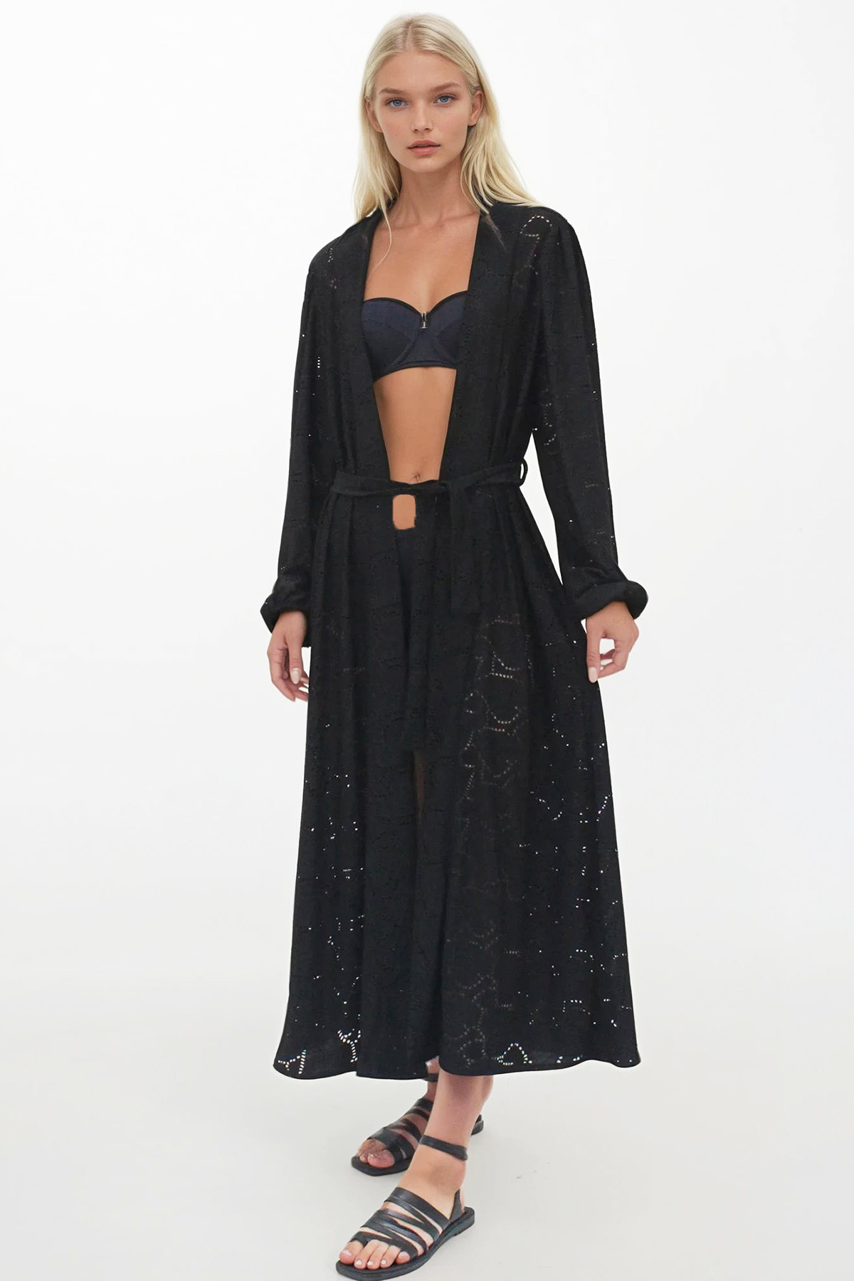 Kadın Siyah Kendinden Kemerli Dokulu Ajurlu Kimono ALC-X14256