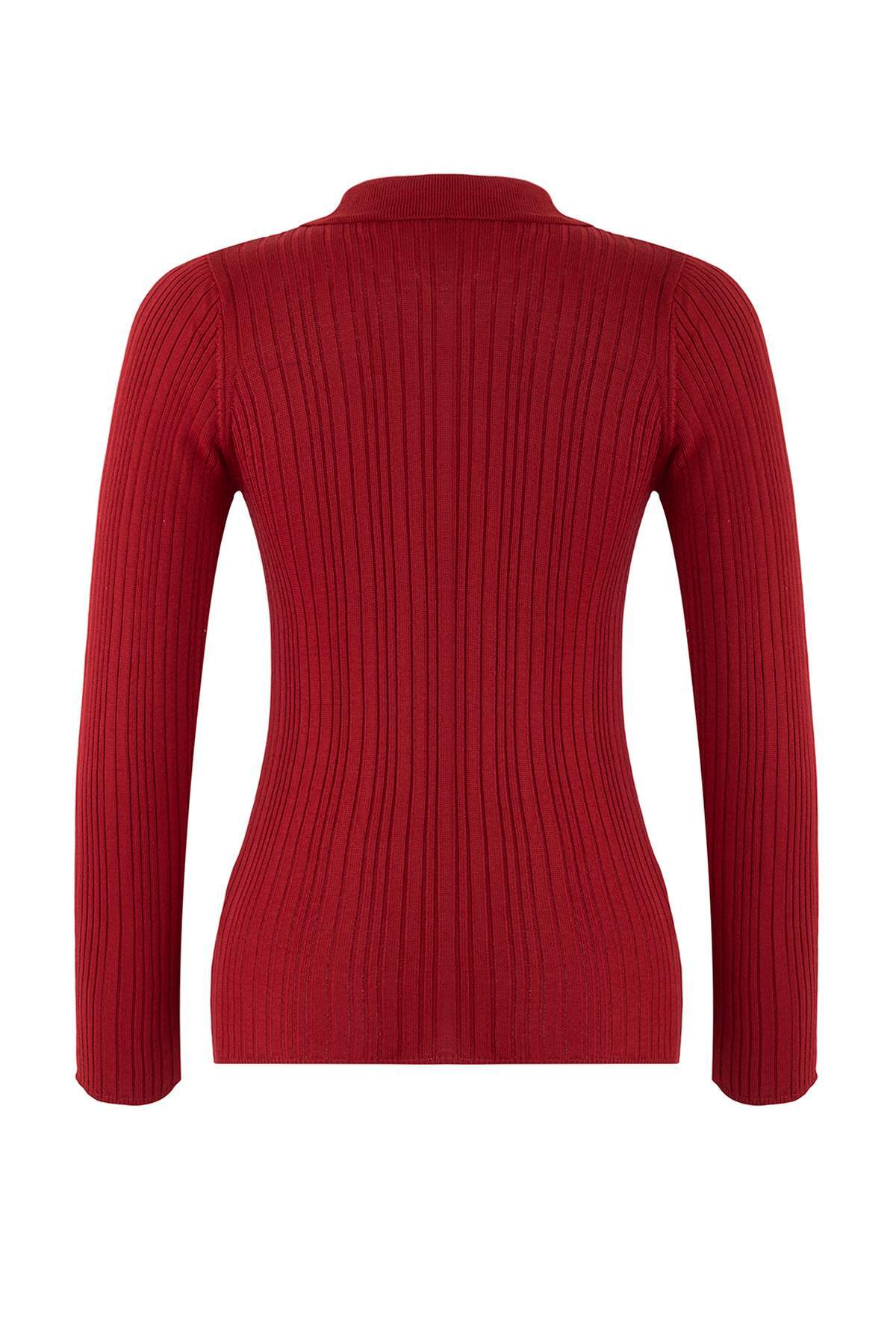 Trendyolmilla  Bordo Merserize Görünümlü Fitilli Polo Yaka Triko Hırka TWOAW20HI0070 - Görsel 7
