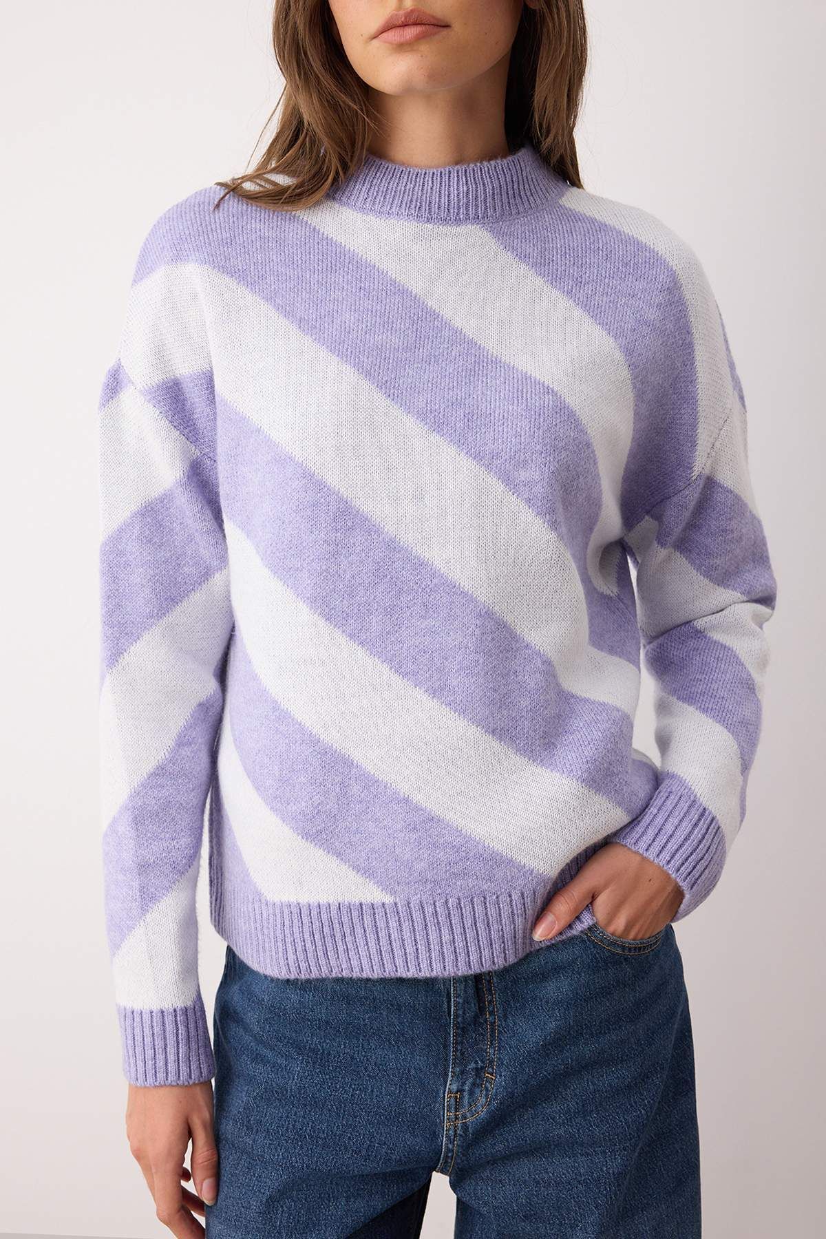 Trendyol Modest-Πουλόβερ λιλά ριγέ - Πλεκτά, TCTAW25AK00059 3