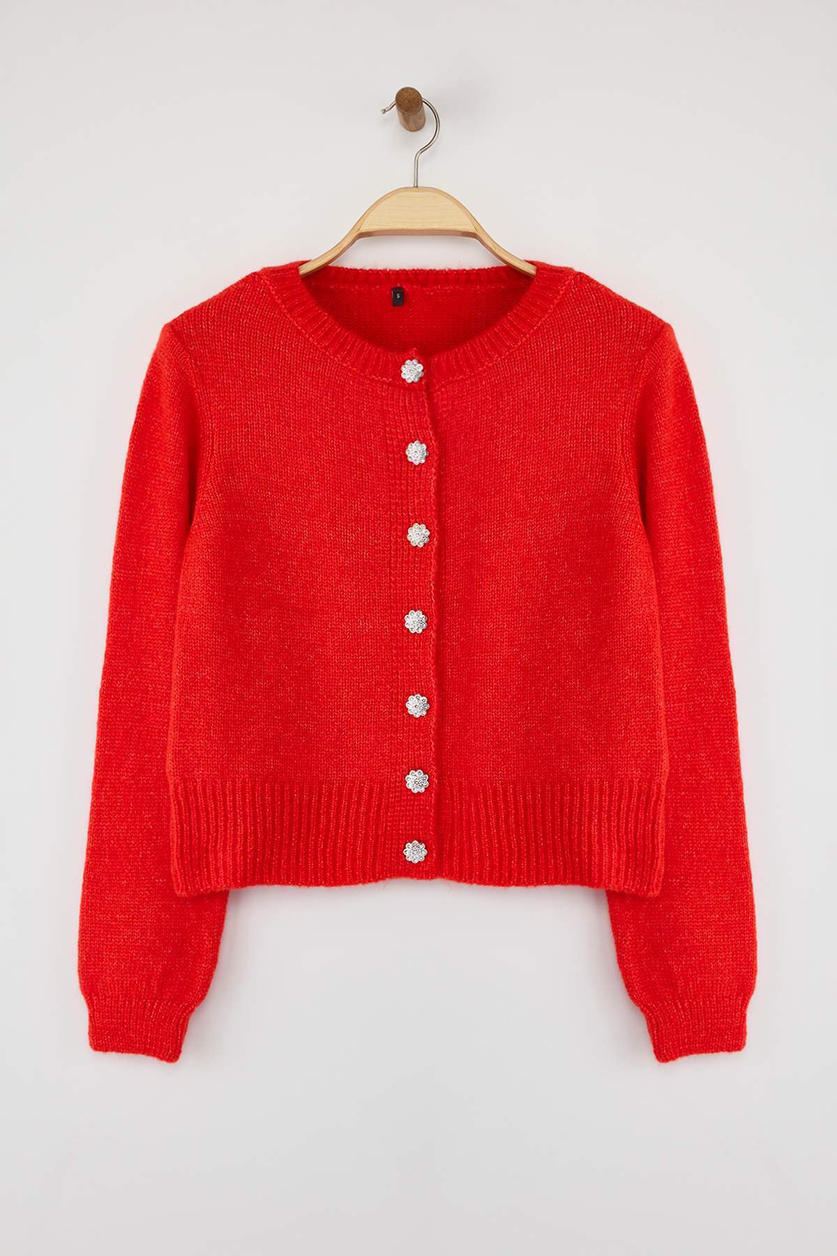 Trendyolmilla  Nar Çiçeği Yumuşak Dokulu Mücevher Düğmeli Ceket Görünümlü Triko Hırka TWOAW21HI0034 - Görsel 6