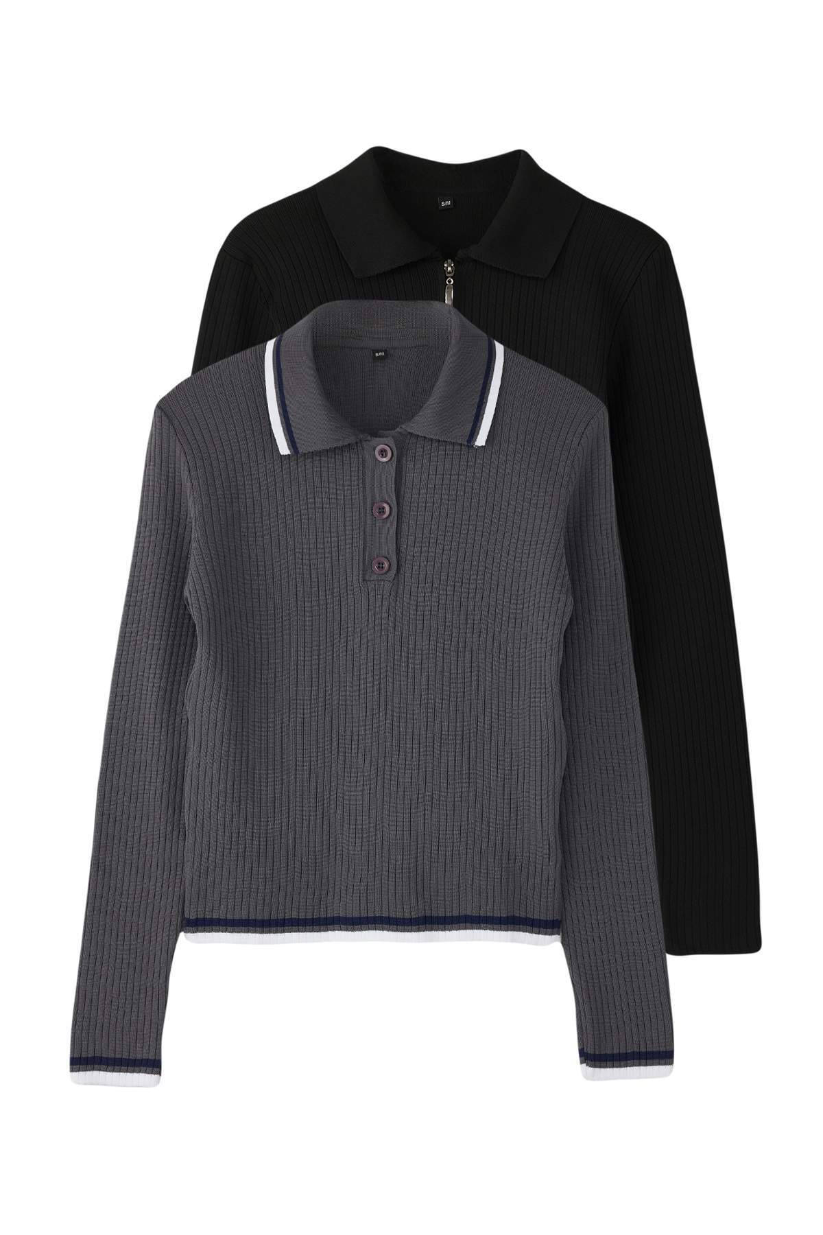 Trendyolmilla  Gri-Siyah 2'li Basic Kısa/Crop İkili Paketl Triko Body Hırka-Kazak TWOAW26KZ00116 - Görsel 8