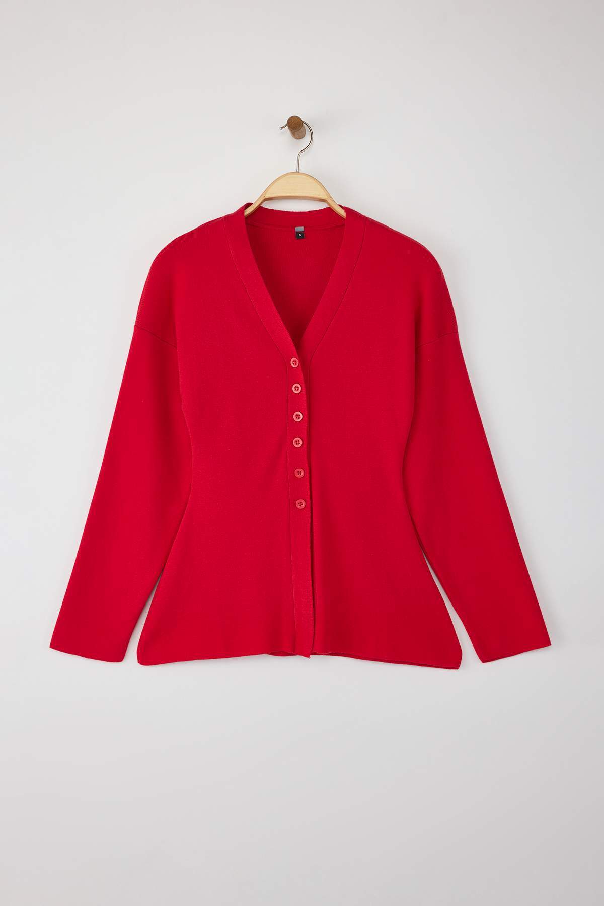 Trendyolmilla  Kırmızı V Yaka Merserize Görünümlü Premium İplik/Özel İplik Triko Hırka TWOAW26HI00079 - Görsel 6