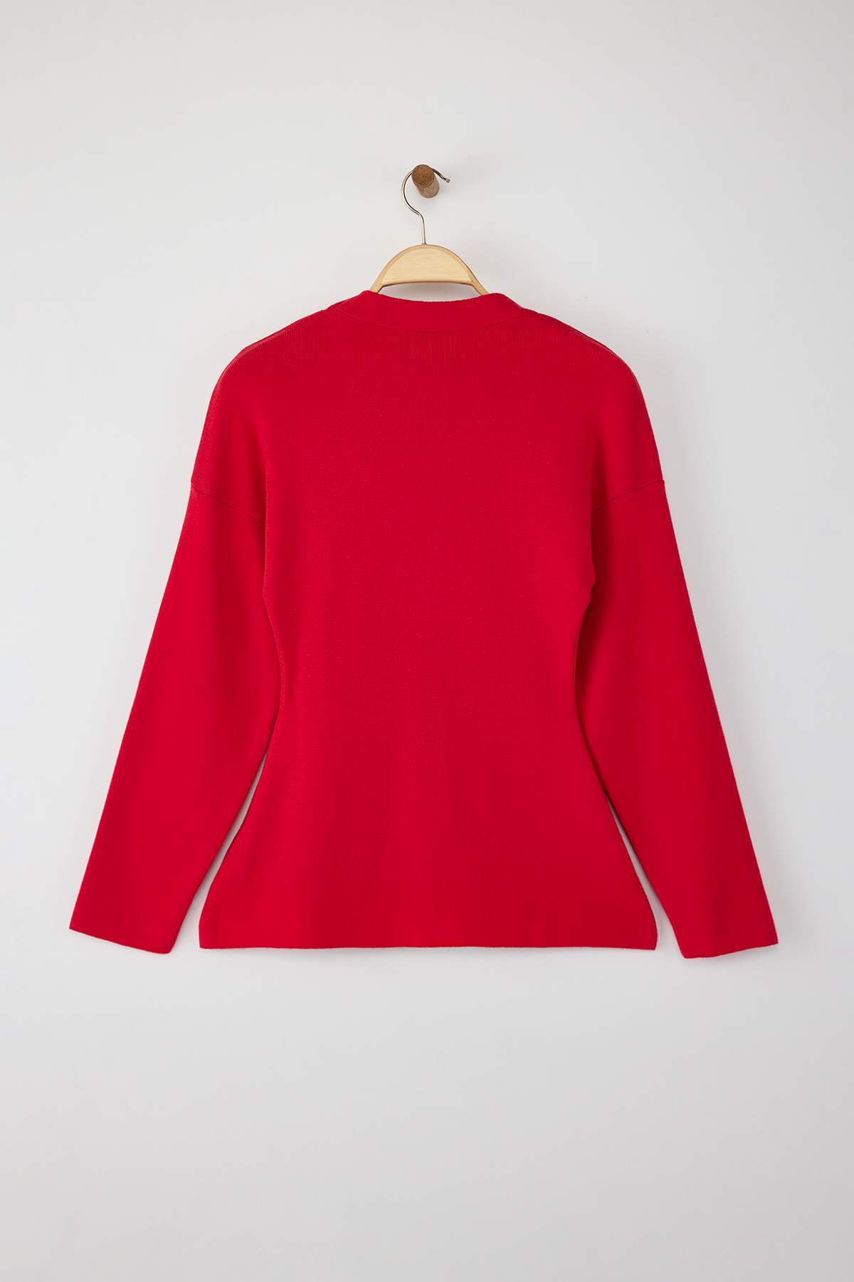 Trendyolmilla  Kırmızı V Yaka Merserize Görünümlü Premium İplik/Özel İplik Triko Hırka TWOAW26HI00079 - Görsel 7