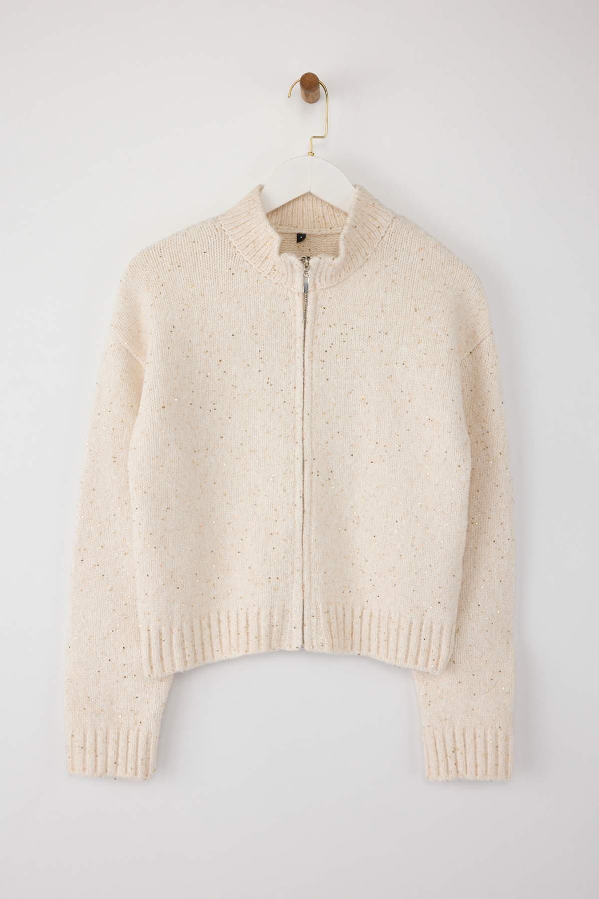 Trendyolmilla  Taş Fermuarlı Dik Yaka Yumuşak Dokulu Vizon Payetli Triko Hırka TWOAW26HI00053 - Görsel 6