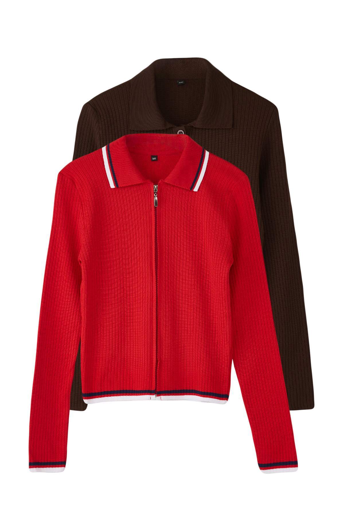 Trendyolmilla  Kahverengi-Kırmızı 2'li Basic Kısa/Crop İkili Paket Triko Hırka-Kazak TWOAW26KZ00116 - Görsel 8