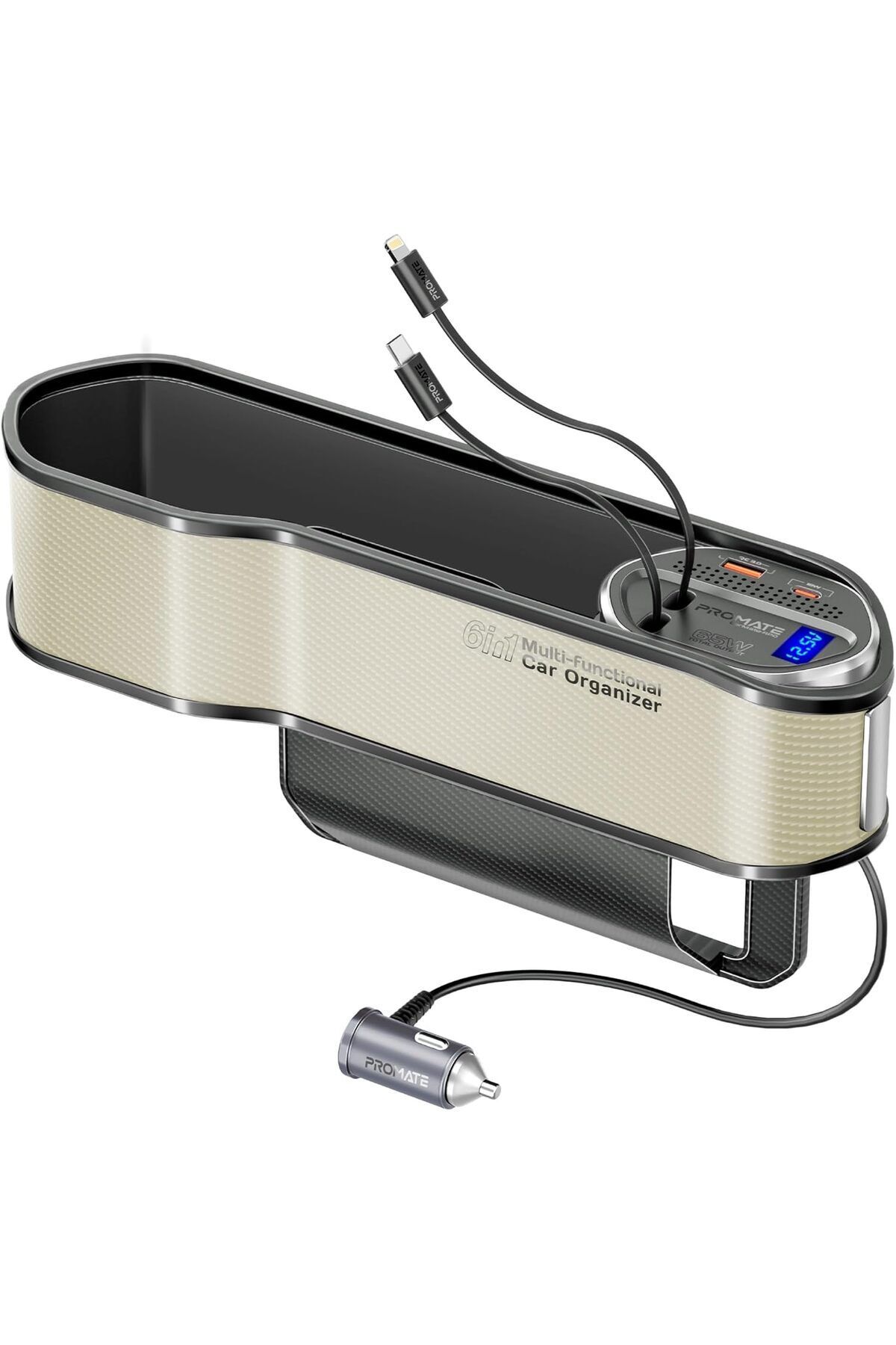 Promate-6 in 1 Multi-Functional Car Organizer, 65W Charging Station With 20W Lightning Retractable C 1