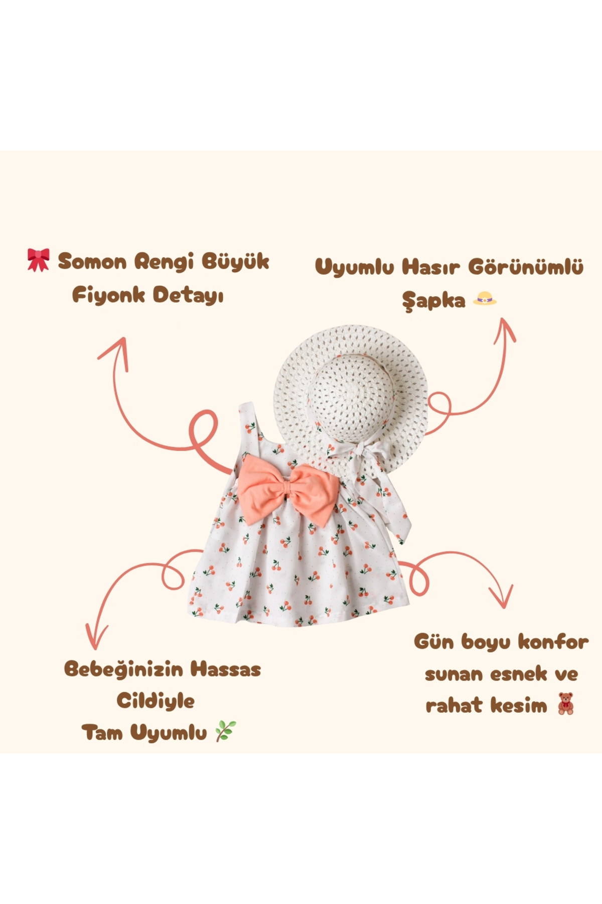 Chicsy Baby Kiraz Desenli Şapkalı Fiyonklu  Kız Bebek Elbisesi fotoğrafı 2 (önizleme)