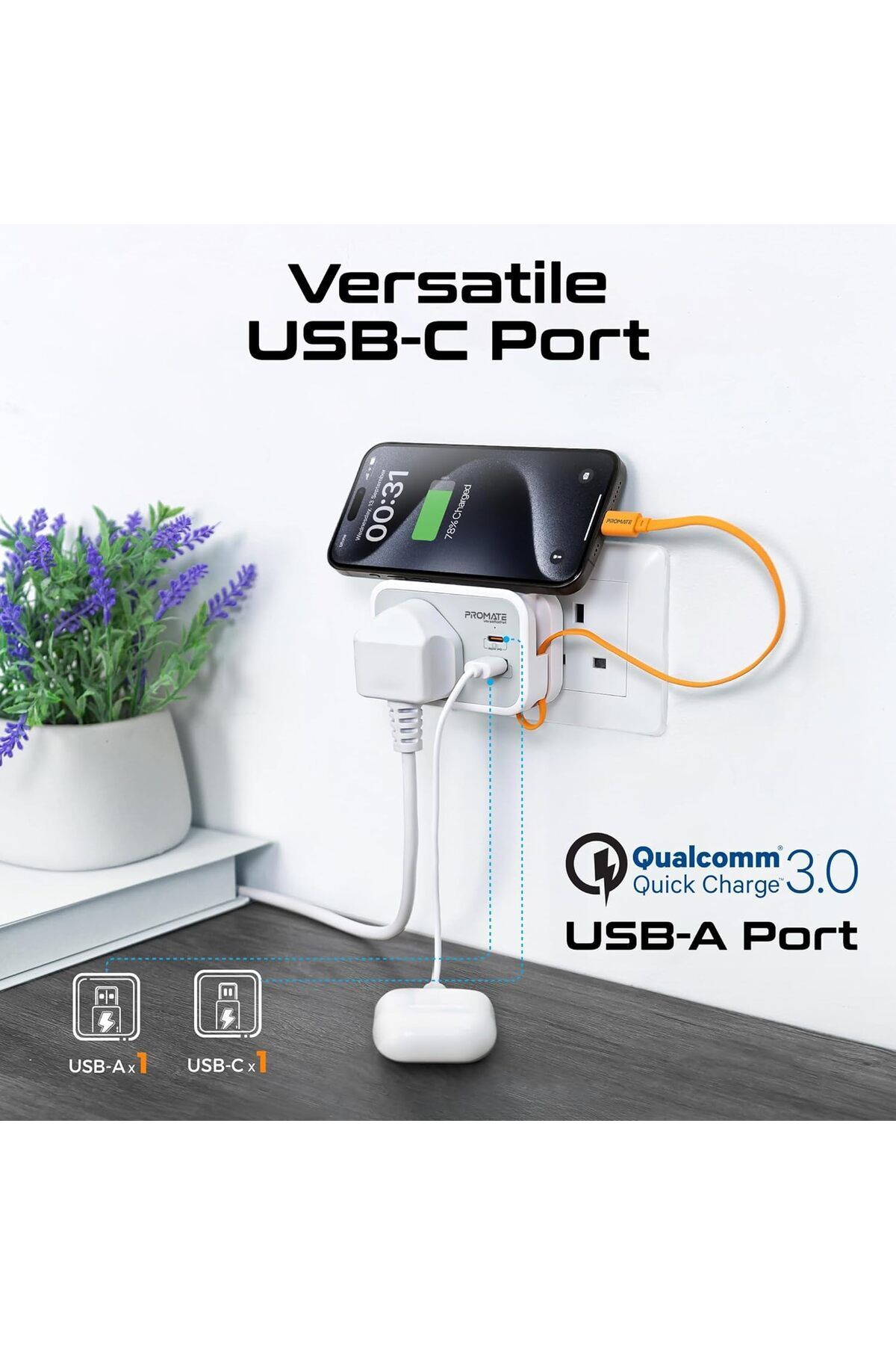 Promate-4 in 1 Multi-Functional AC Socket Charger 3250 W with Built-in 20W Power Delivery USB-C Cabl 7