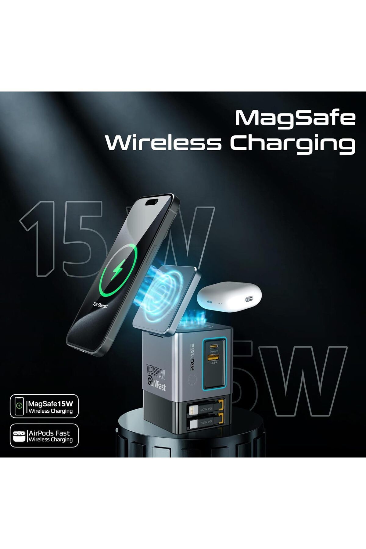 Promate-6-in-1 GaNFast Charging Station With 105W Total Output, 15W MagSafe Wireless Charger, 65W Re 7