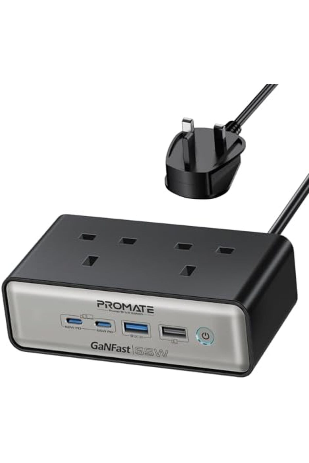 Promate-Charging Station, 6-in-1 Multi-Port 65W GaNFast Power Extension with Dual 3250W AC Sockets, 2