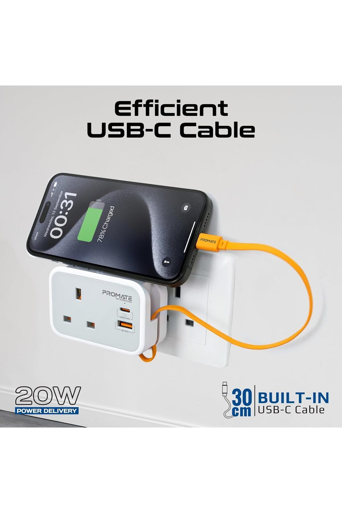Promate-4 in 1 Multi-Functional AC Socket Charger 3250 W with Built-in 20W Power Delivery USB-C Cabl 5