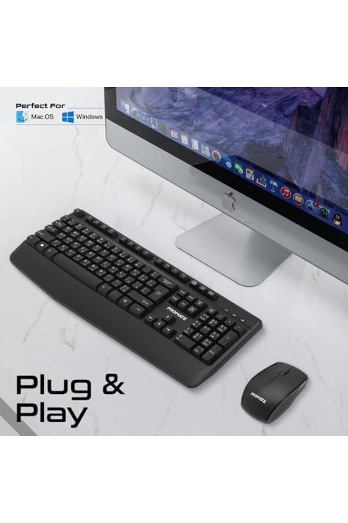Promate-Wireless Keyboard and Mouse Combo, 2.4GHz Wireless with Built-In Palm Rest, Multi-Grip 1200 4