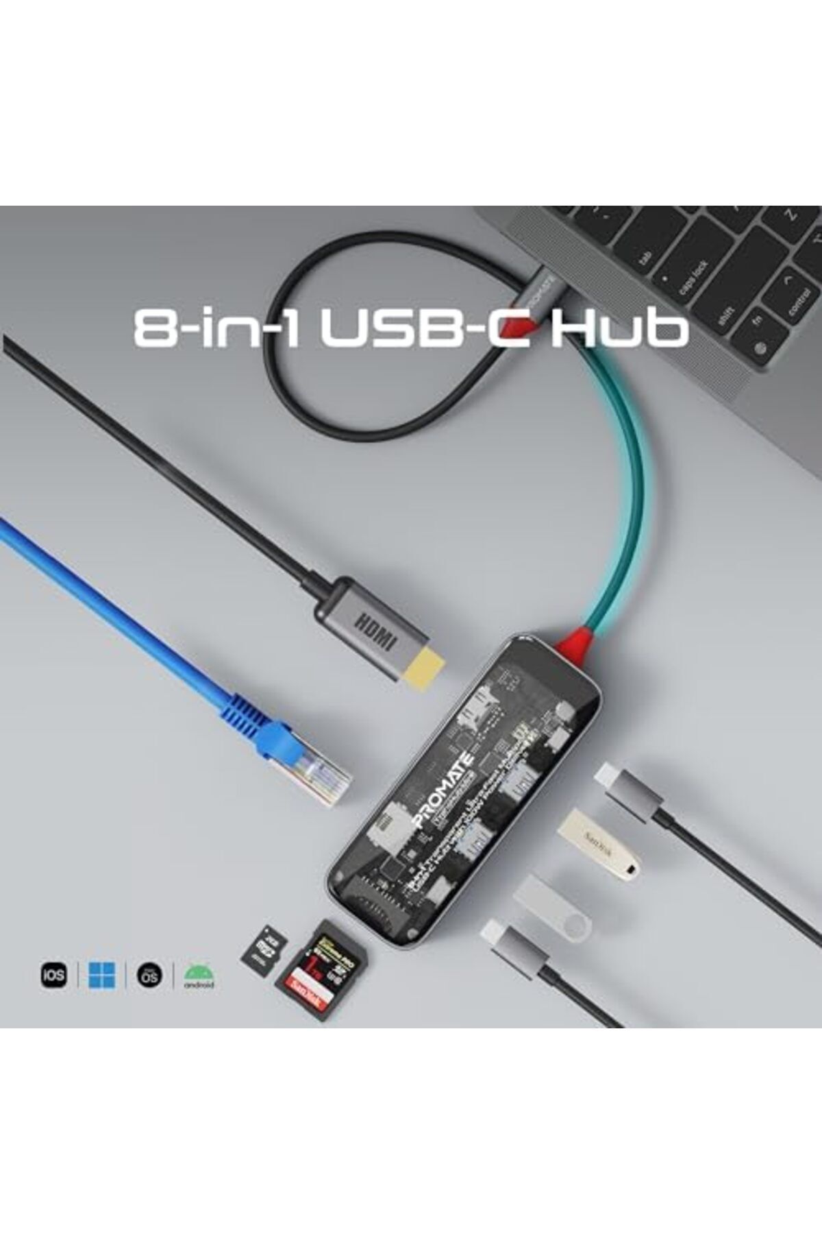 Promate-USB-C™ Transparent Media Hub, Premium 4K Display, with HDMI, Super-Fast 1000Mbps Ethernet, 4