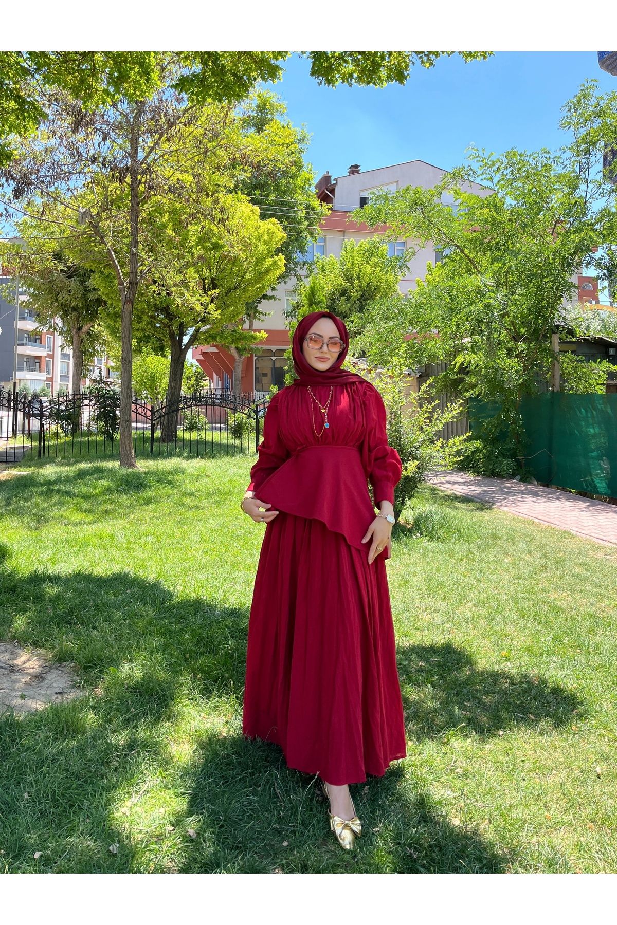 BELİ LASTİKLİ KIRAŞ VUAL TESETTÜR ELBİSE