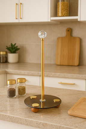 Meralles Gold Dekoratif Ahşap Top Ayaklı Kristal Taşlı Füme Cam Kağıt Havluluk