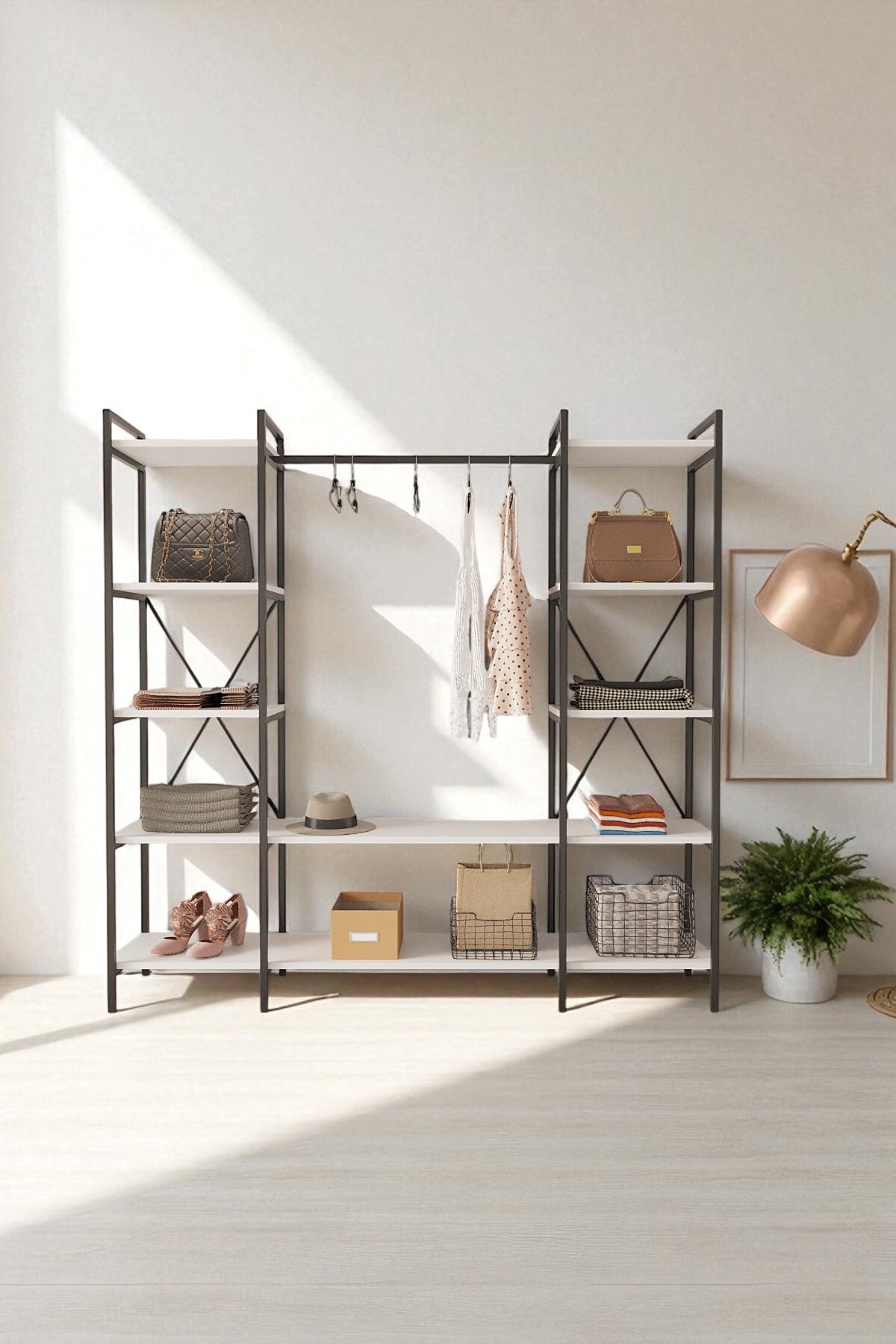 Nilamu White Clothes Cabinet | Metal Body Open Hanger & Organizer Cabinet 175*170*34 Cm