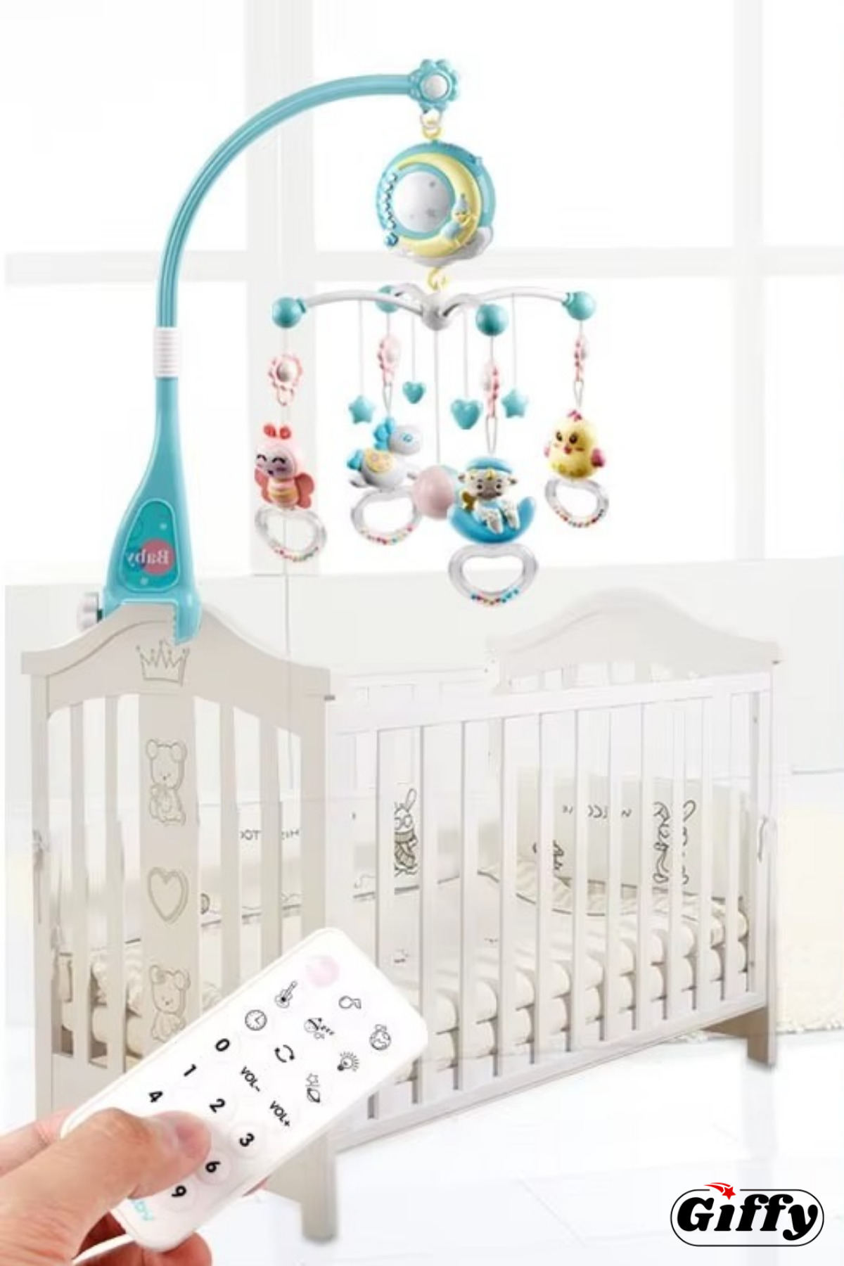 giffy Pilli Işıklı Müzikli Projektörlü Uzaktan Kumandalı Sabitlenir Dönence Çıngıraklı Bebek Yatıştırıcı fotoğrafı 2 (önizleme)