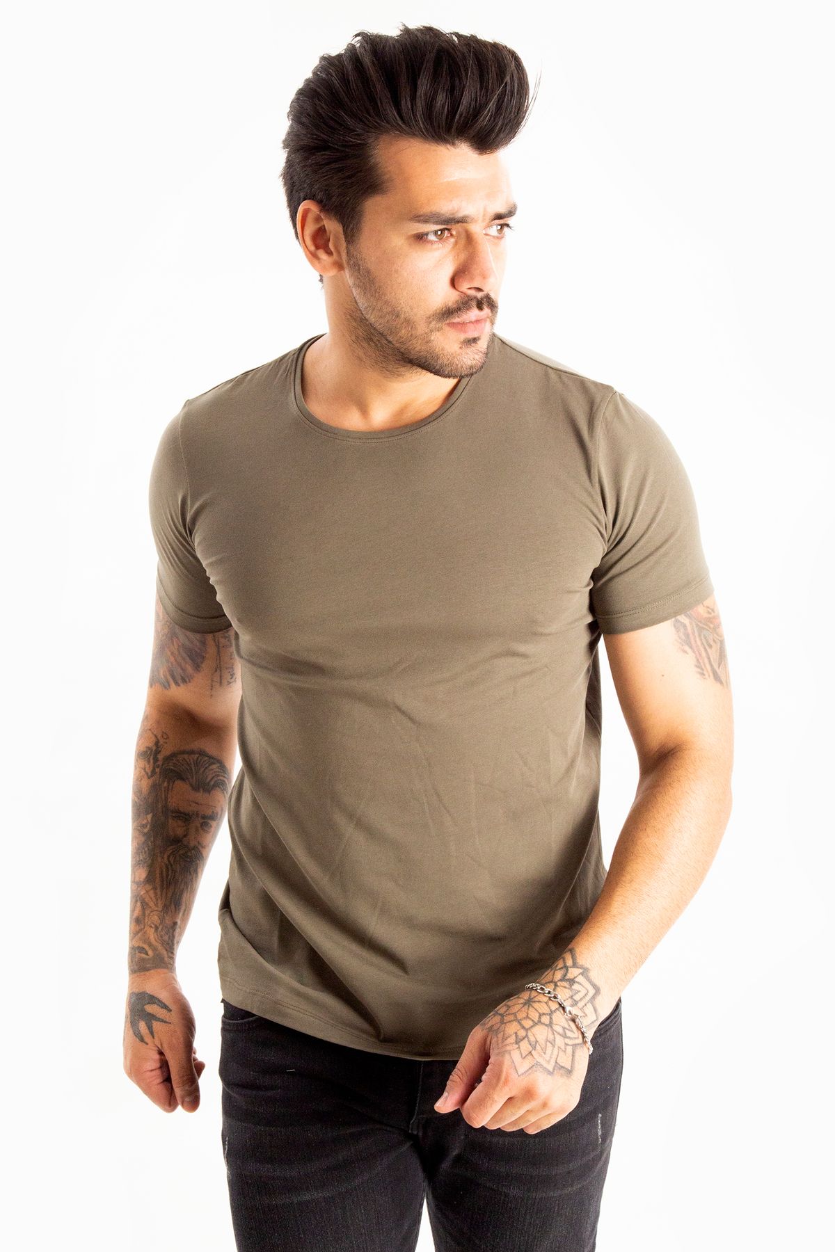 DeepSEA-Tricou de bază kaki pentru bărbați/unisex, slim fit, cu decolteu, din bumbac, lycra, 1801131 4